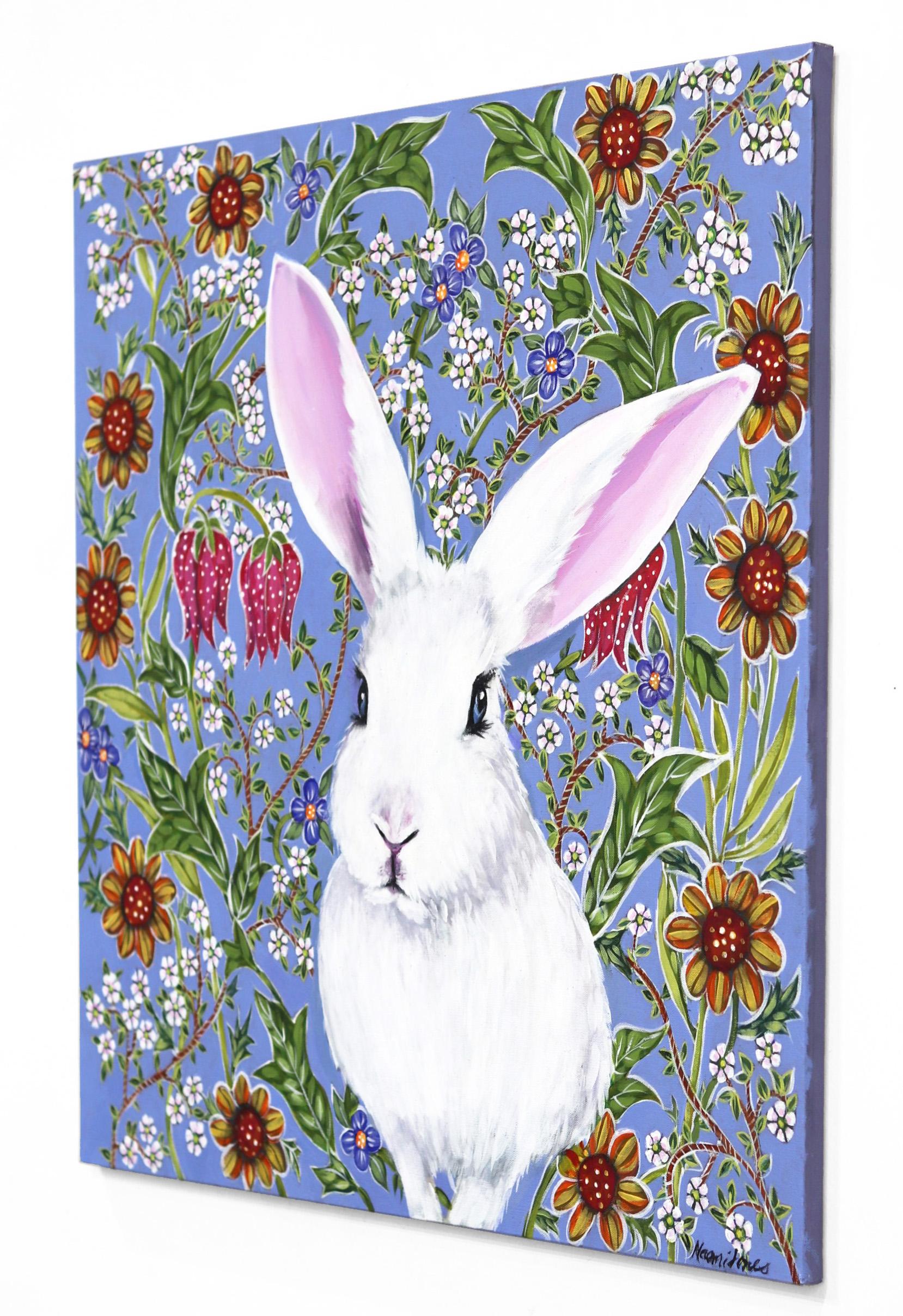 Sweet White Rabbit  - Original Vivid Figurative Animal Painting on Canvas For Sale 3