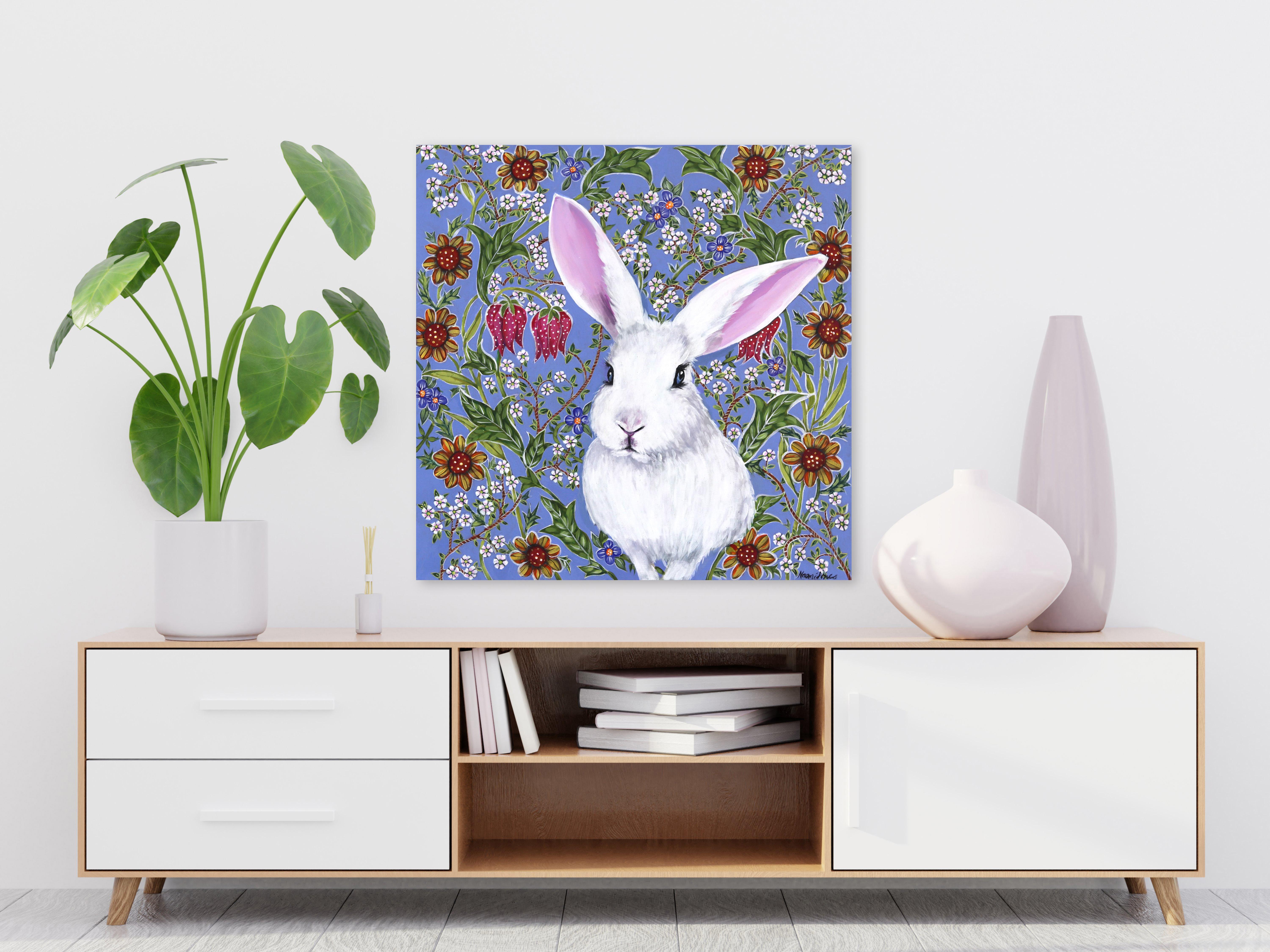 Sweet White Rabbit  - Original Vivid Figurative Animal Painting on Canvas For Sale 5
