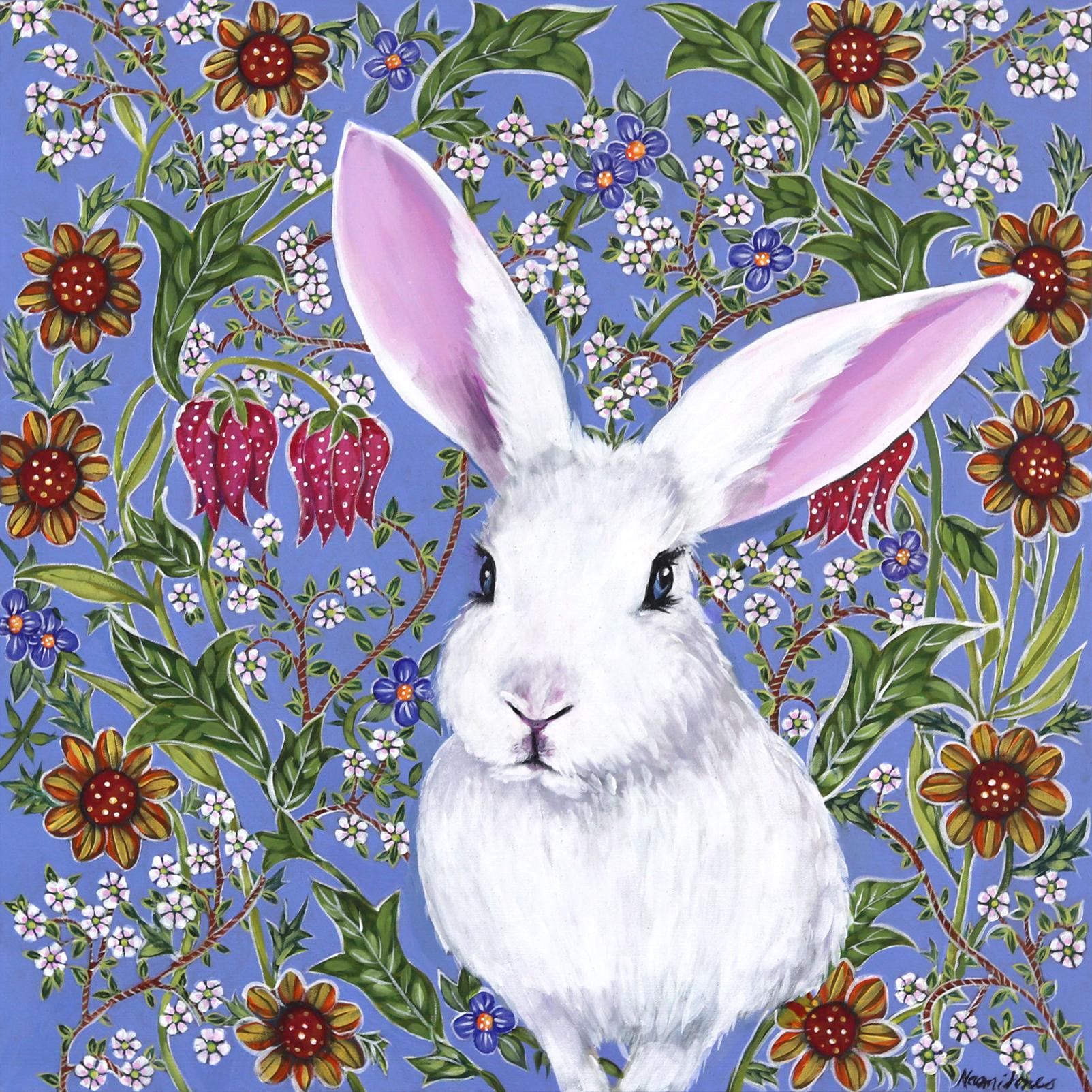 Naomi Jones Animal Painting – Süßer weißer Kaninchen  - Original Vivid Figurative Tier Malerei auf Leinwand