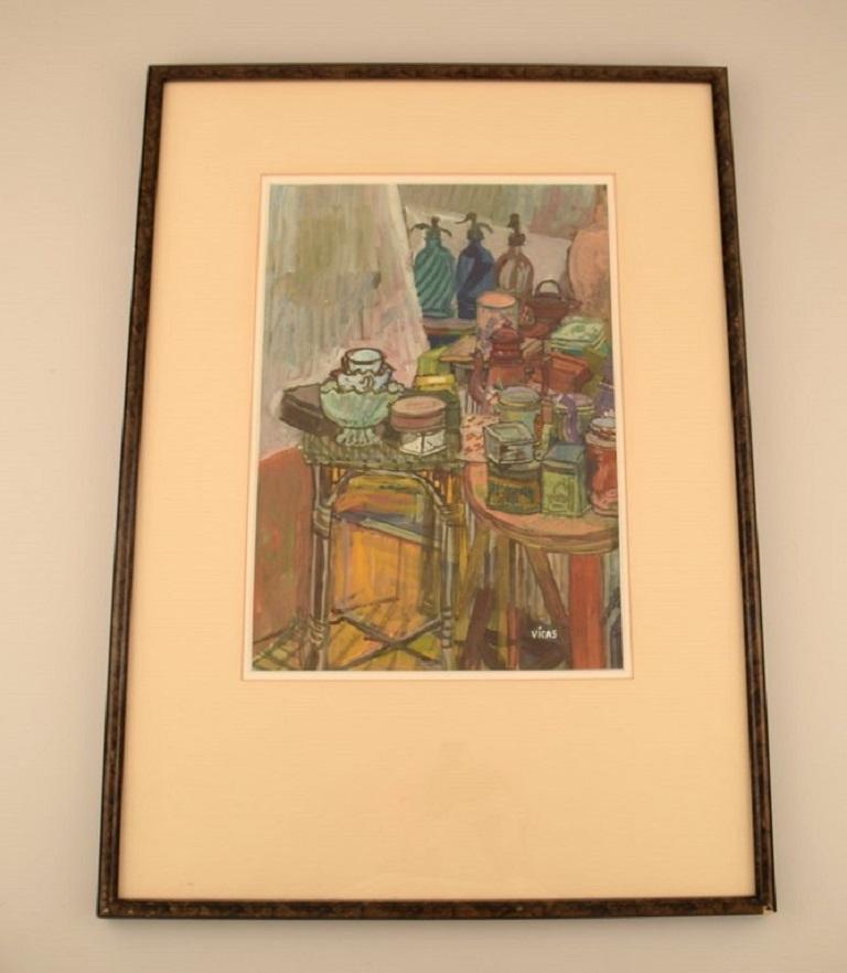 Naomi Vicas (b. 1920), French artist. Gouache on paper. Still life. Mid-20th century.
Visible dimensions: 42 x 29 cm.
Total dimensions: 69 x 48 cm.
The frame measures: 1.5 cm.
In excellent condition.
Signed
Naomi Vicas studied in Paris at the
