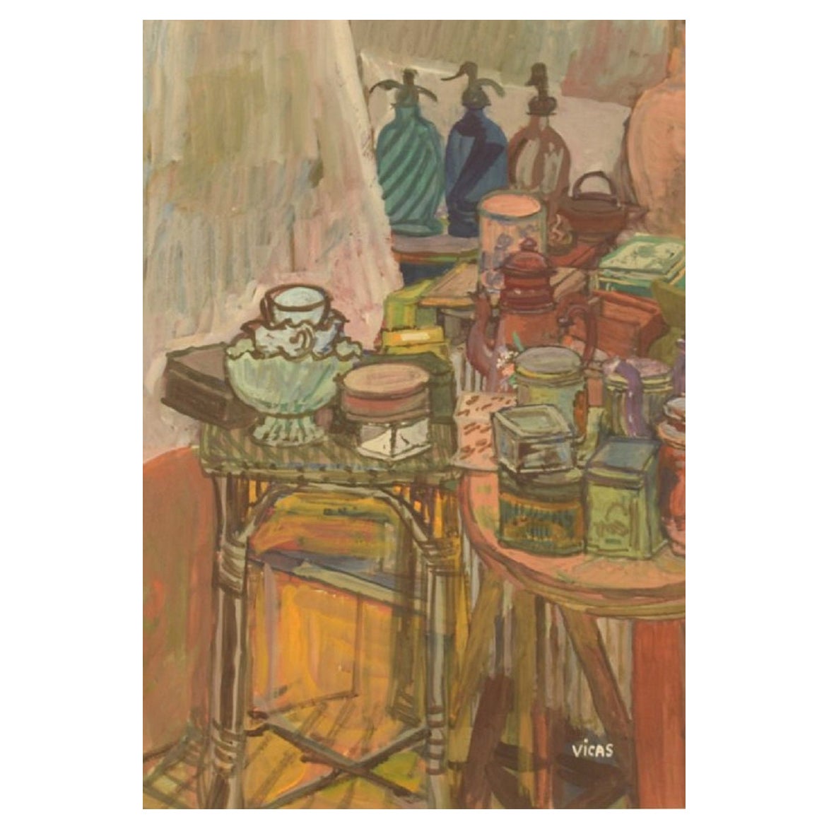 Naomi Vicas « né en 1920 », artiste française, gouache sur papier, nature morte, milieu du 20e siècle