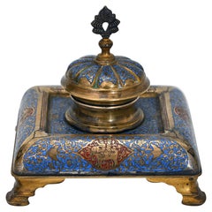 NAP. III Inkwell Sign, Tahan a Paris Enamel Blue and Red Elephant, Dragon, Horse