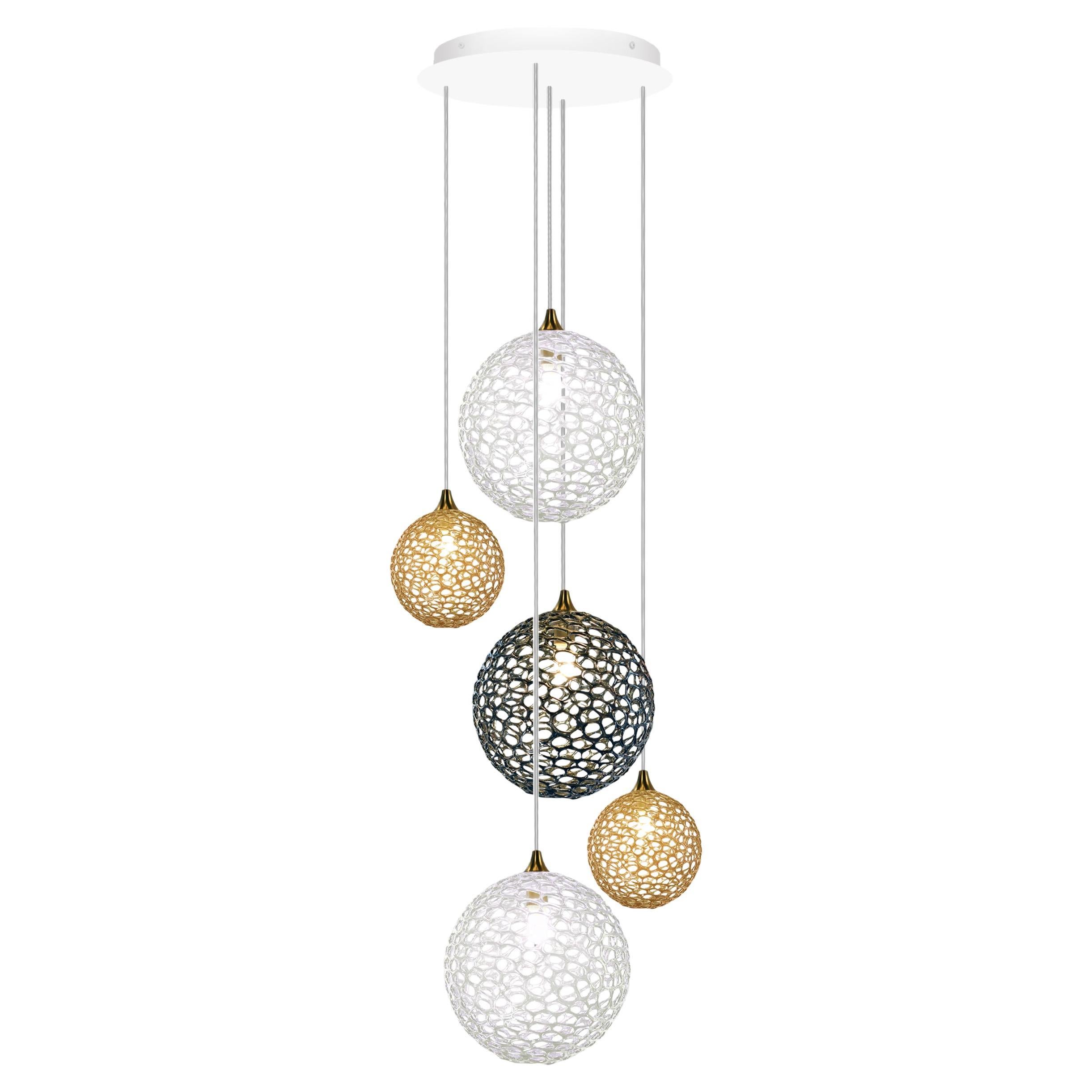 Napa 5 Art Glass Pendants Chandelier in Clear, Amber and Grey Glass Colors. LED For Sale