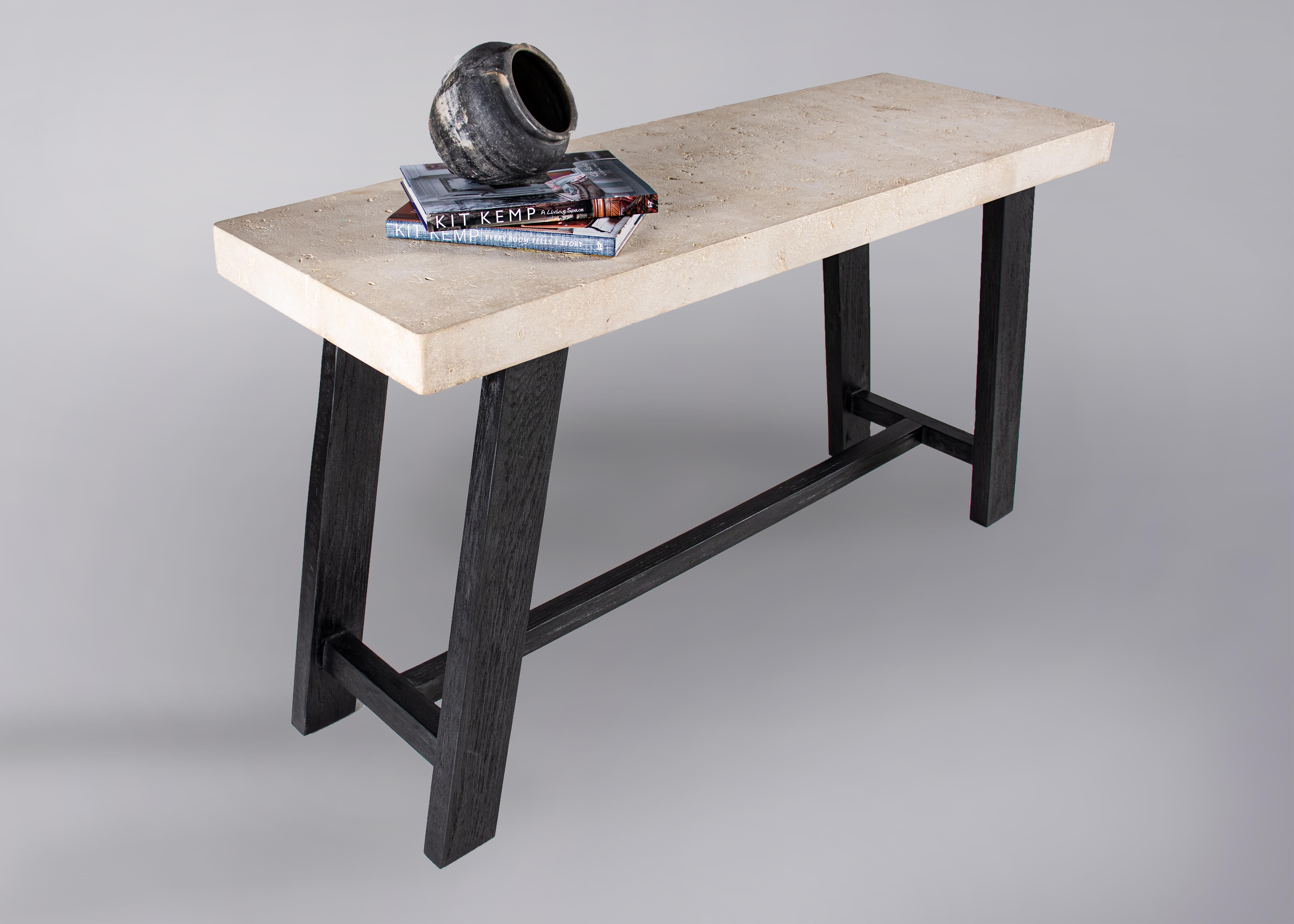American Napa Console in Oak/Onyx Finished Wood with Limestone Weathered Top For Sale