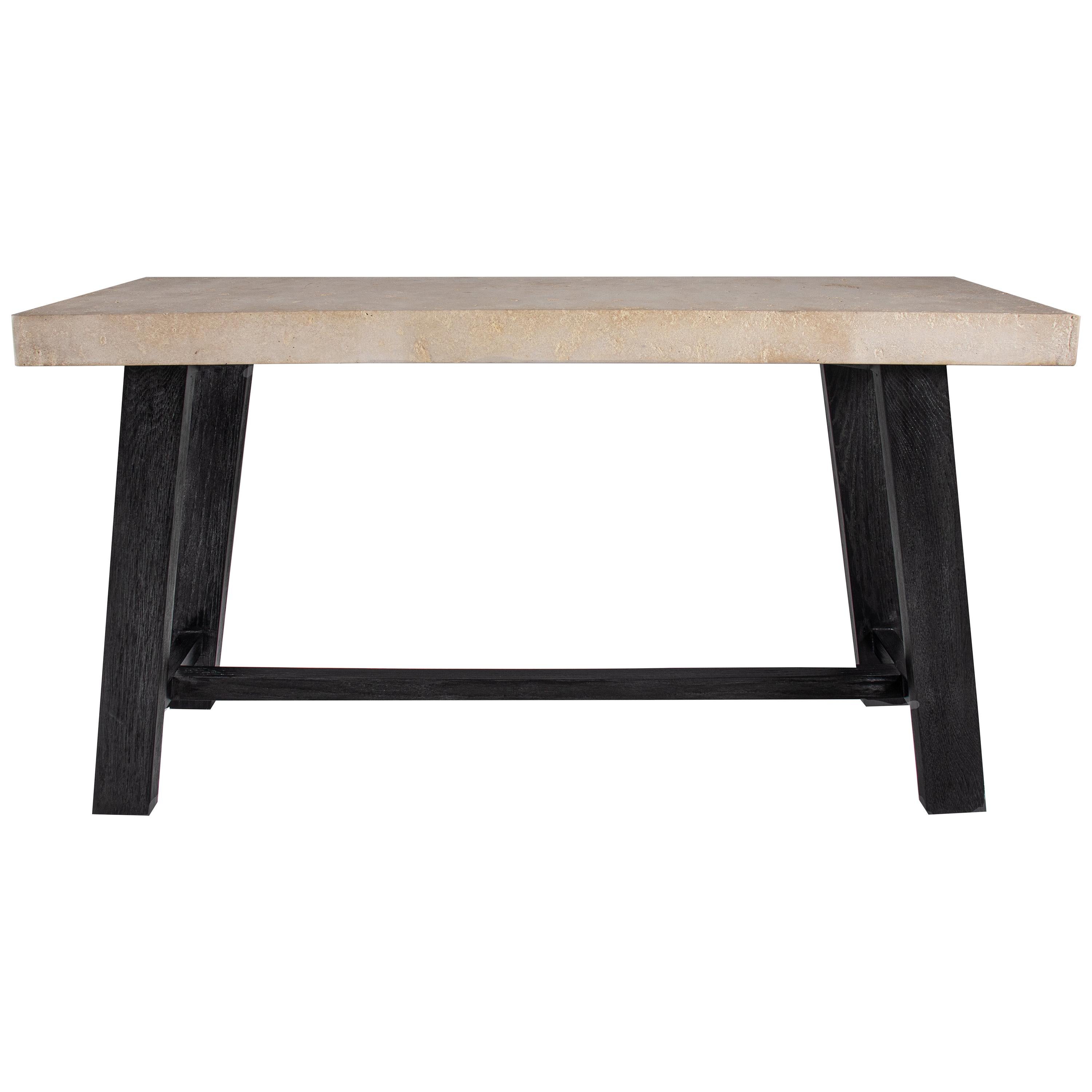 Napa Console in Oak/Onyx Finished Wood with Limestone Weathered Top For Sale