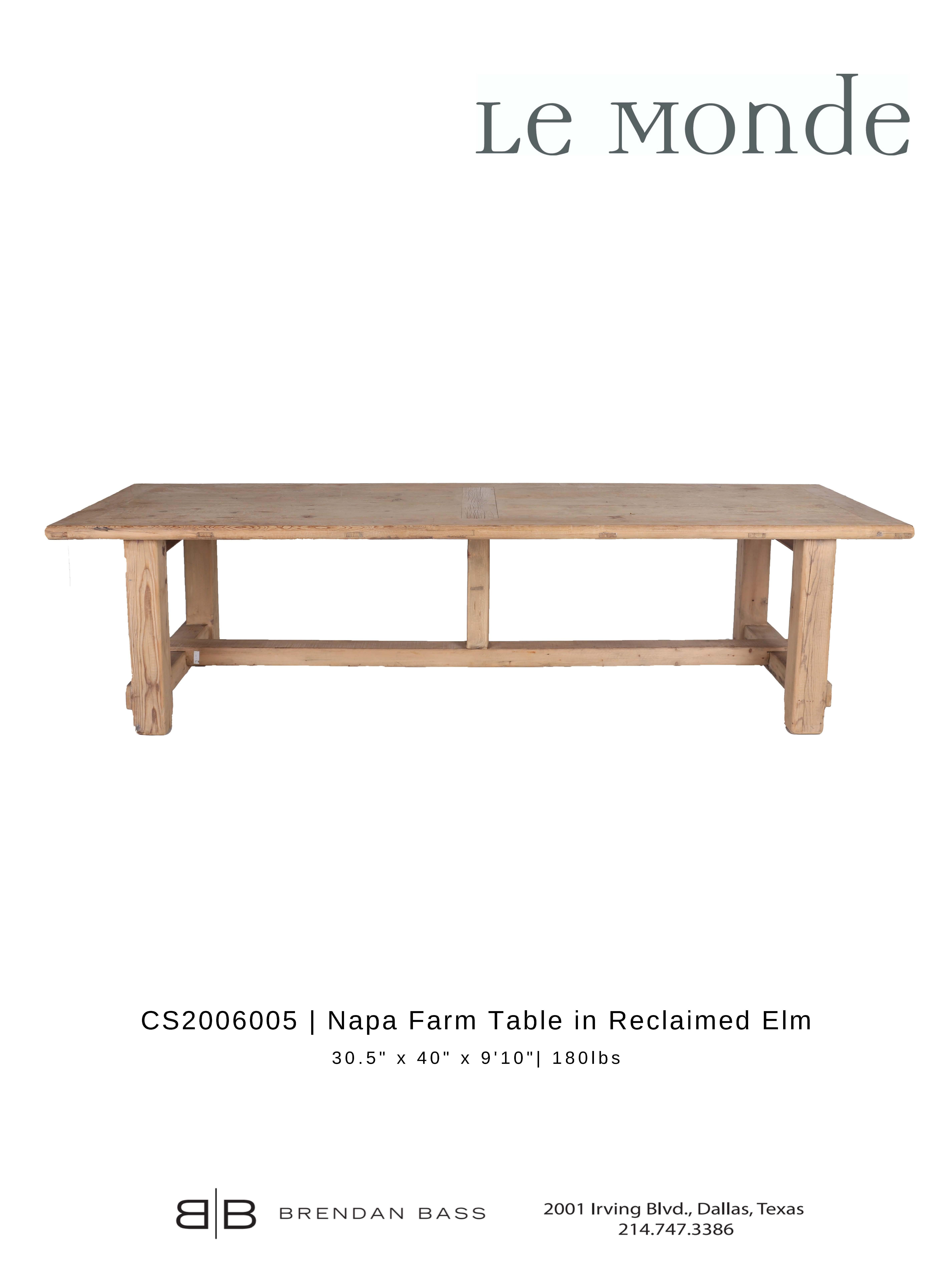 Napa Farm Table in Reclaimed Elm In Good Condition In Dallas, TX