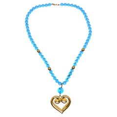 Antique Napier 18K Gold Plated Greek Heart Blue Bead Pendant Necklace