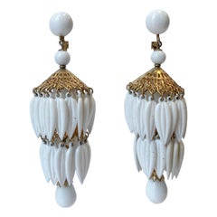 Napier 1960s Large White Leaf Chandelier Pendant Earrings