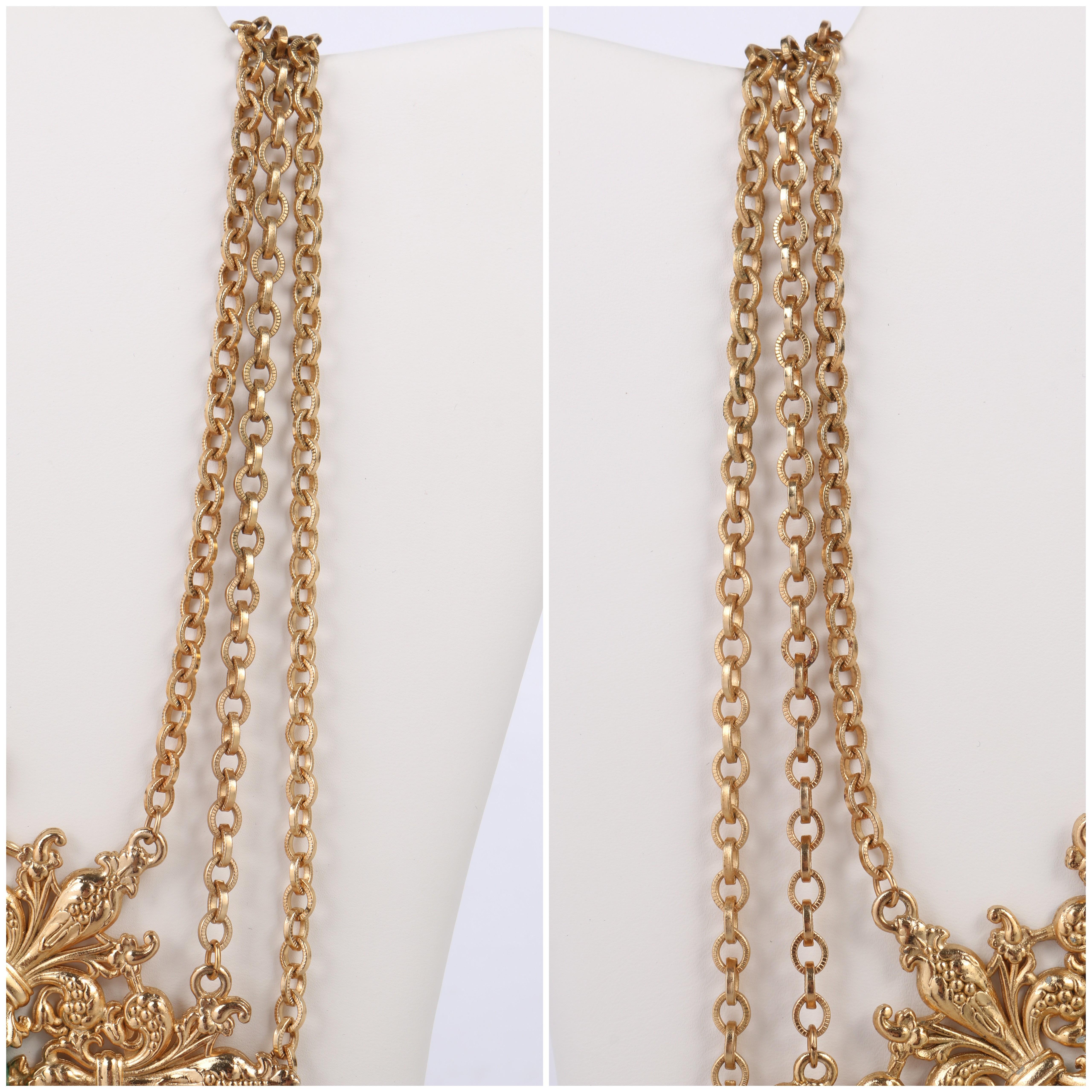 NAPIER 1970s Gold Fleur de Lis Baroque Medallion Pendant Chain Tassel Necklace 1