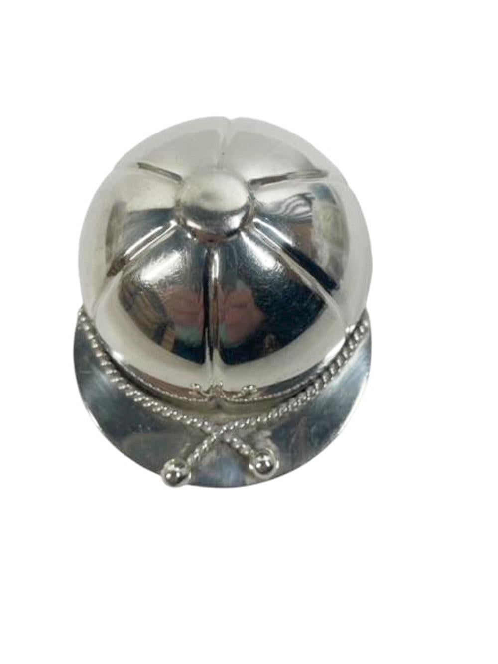 Silver plate spirit measure / jigger in the form of a jockey's cap with twisted cord decoration on the brim, a small pour spout to each side and calibrated 1oz, 2oz & 3oz to the back. Marked 