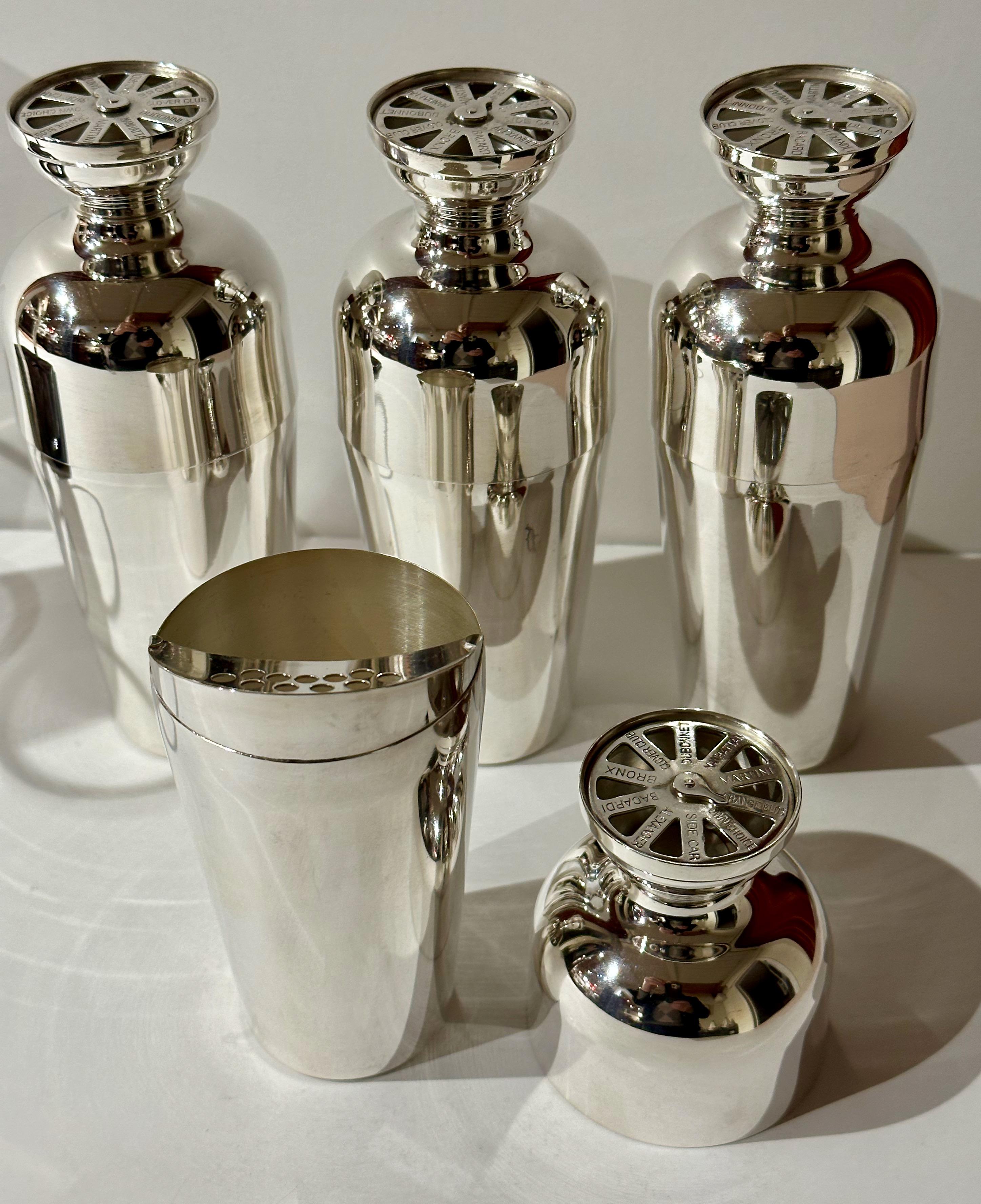 Art Deco Napier 4 Cocktail Shakers Silver-Plated Five Piece Wood Caddy For Sale