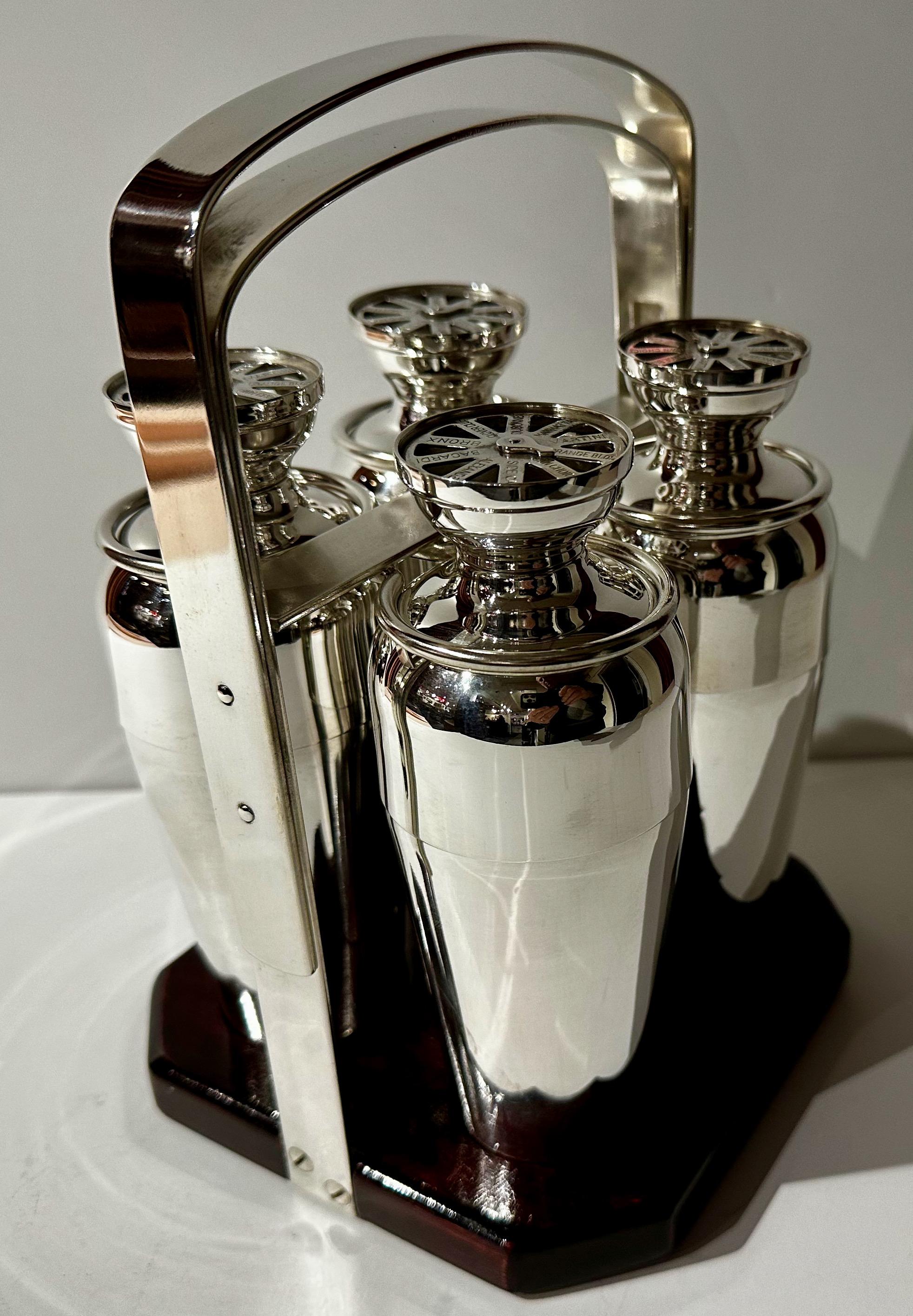 Napier 4 Cocktail Shakers Silver-Plated Five Piece Wood Caddy In Good Condition For Sale In Oakland, CA