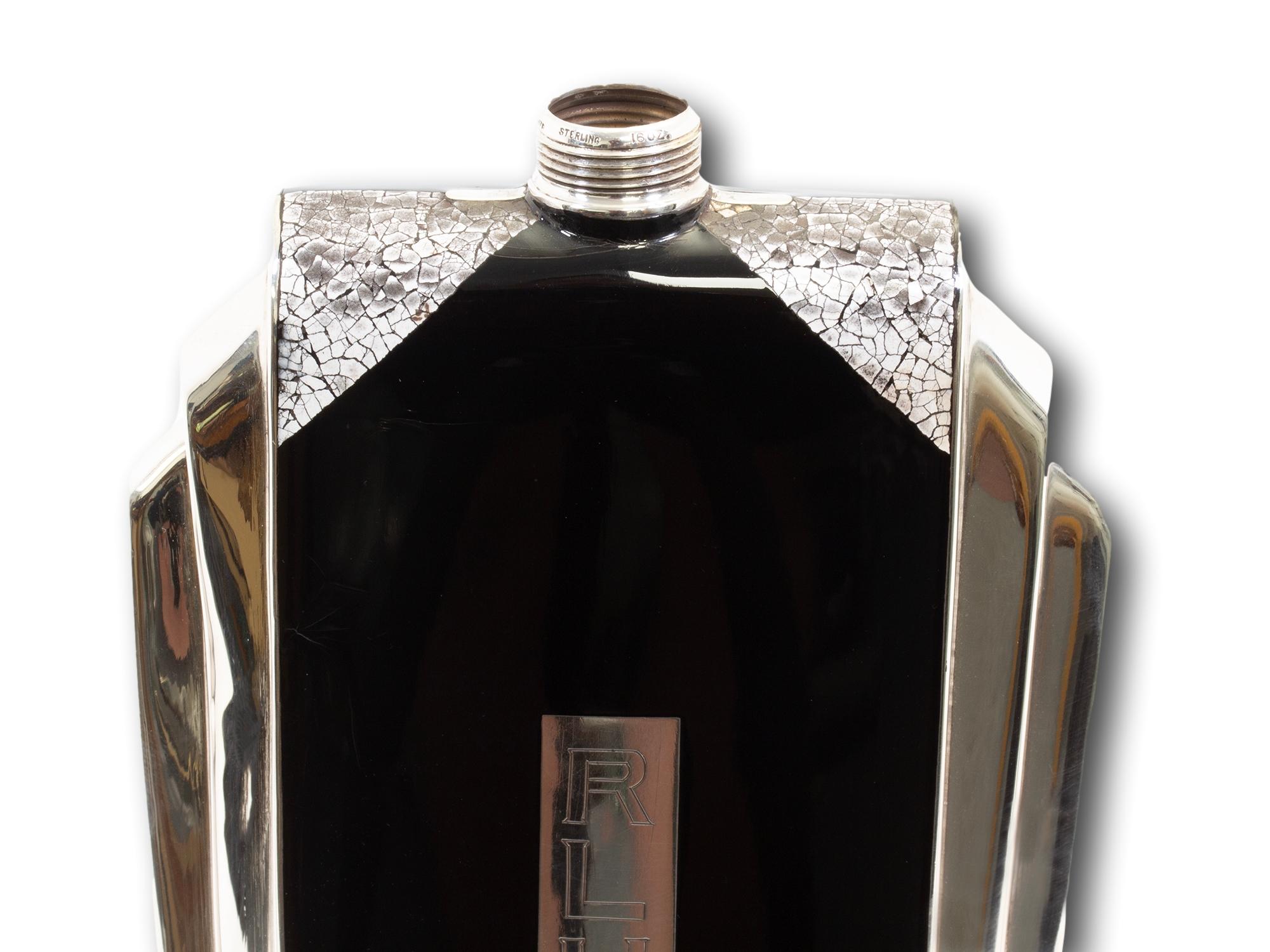 Petaca Napier Art Déco de plata de ley y esmalte en venta 5