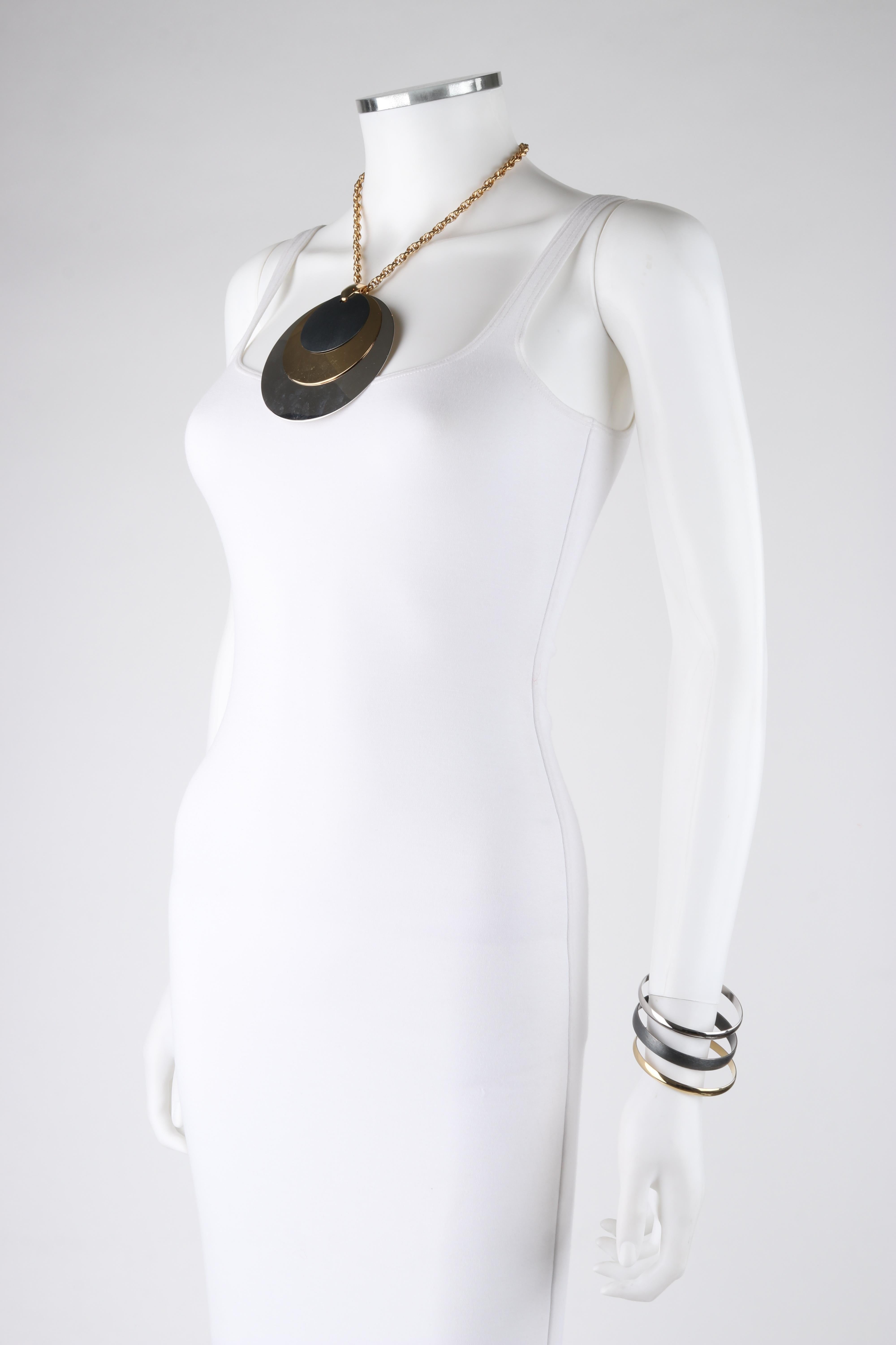 NAPIER c.1974 Vtg Modernist Tri-Metal Oval Pendant Collier Bracelet 4 Pc Set Pour femmes en vente