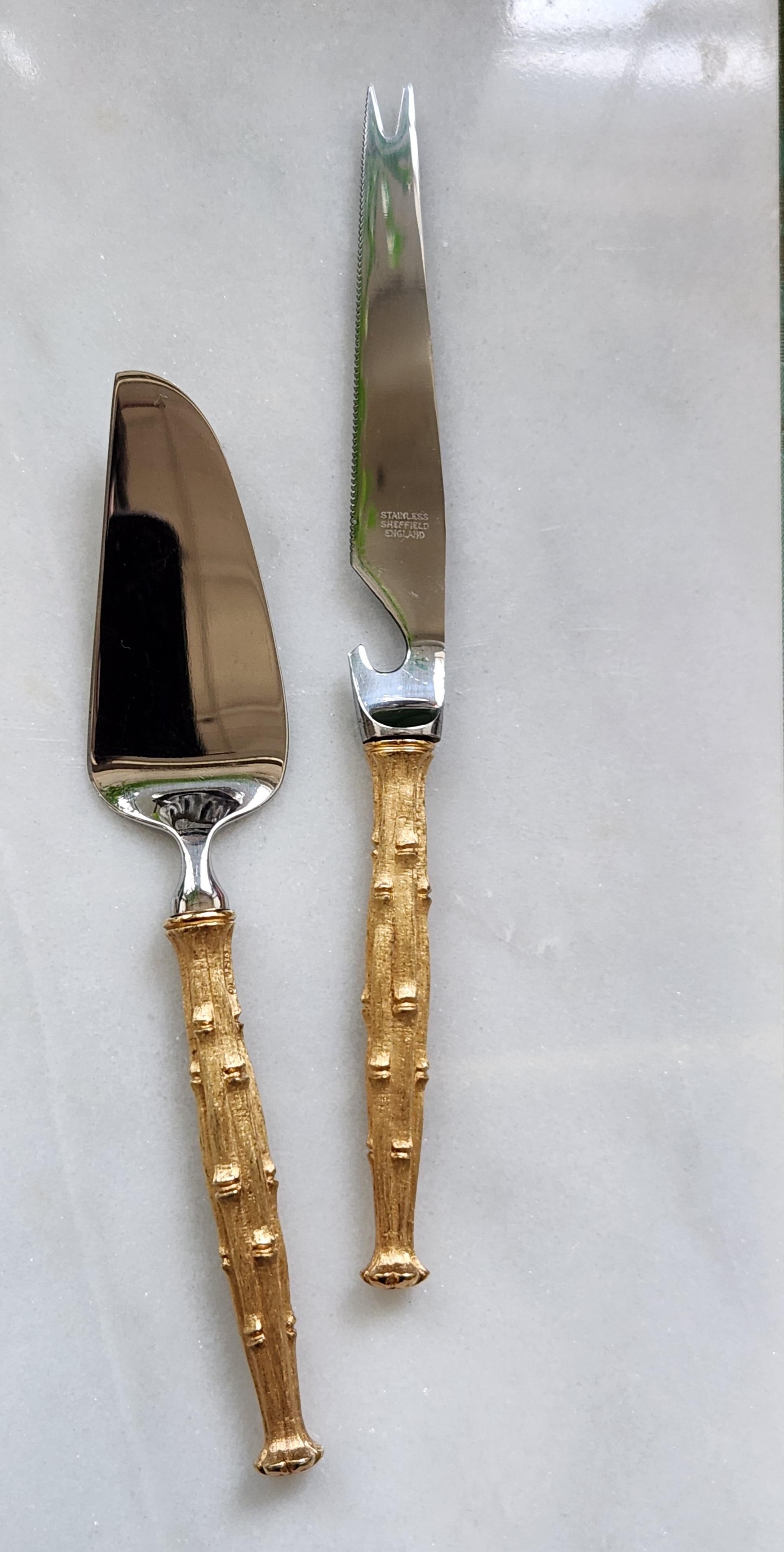 A vintage bar tool set by Napier Co., consisting of eight pieces including a bar knife, bottle opener, wine key, ice tongs, bar spoon, 2-piece garnish set and bar spoon. Each piece carries  the iconic 24kt gold plated 