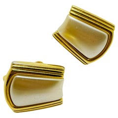 Vintage NAPIER gold tone faux pearl designer clip on earrings