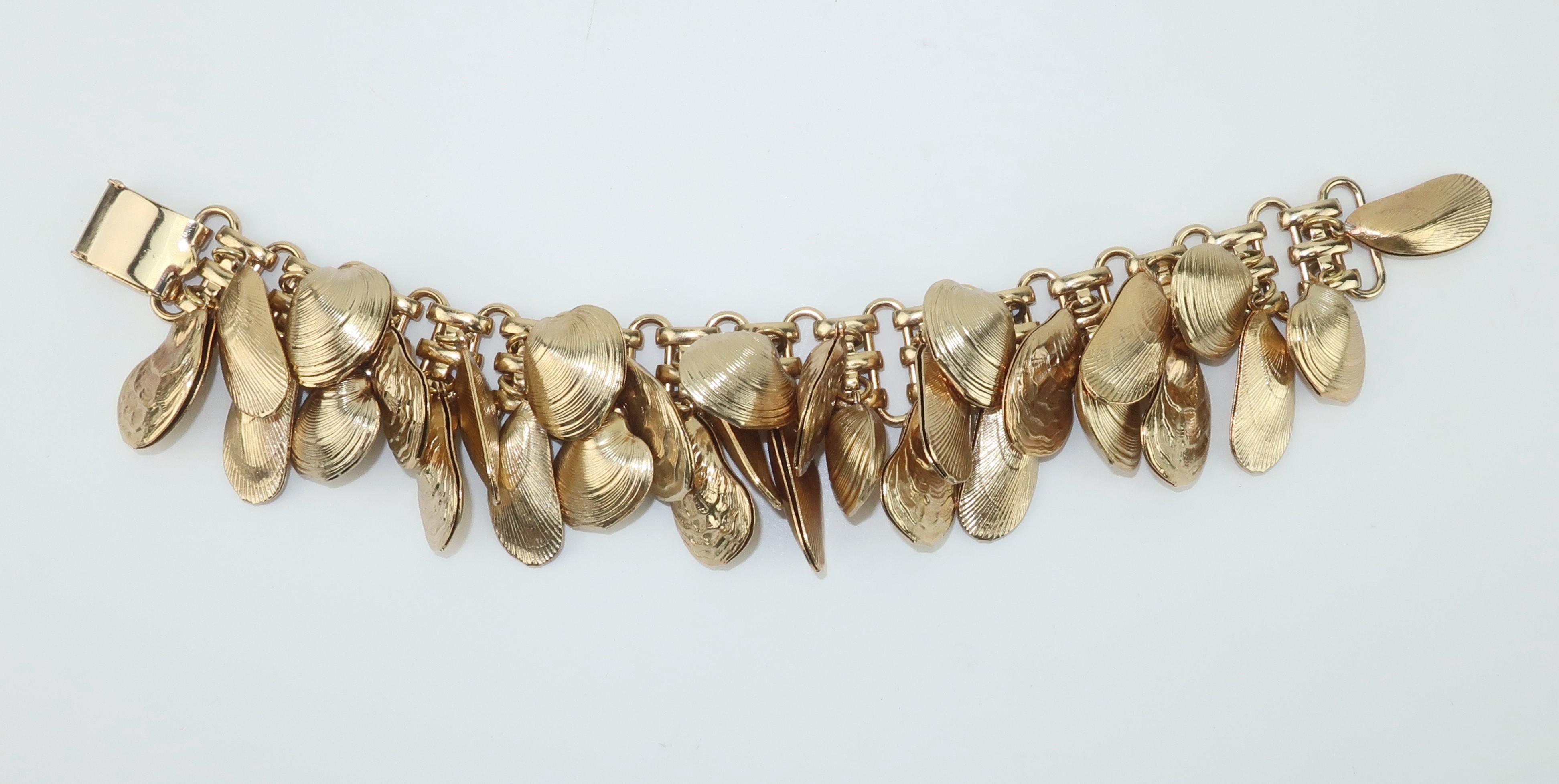 Retro Napier Gold Tone Oyster Clam Shell Charm Bracelet & Earrings, C.1960