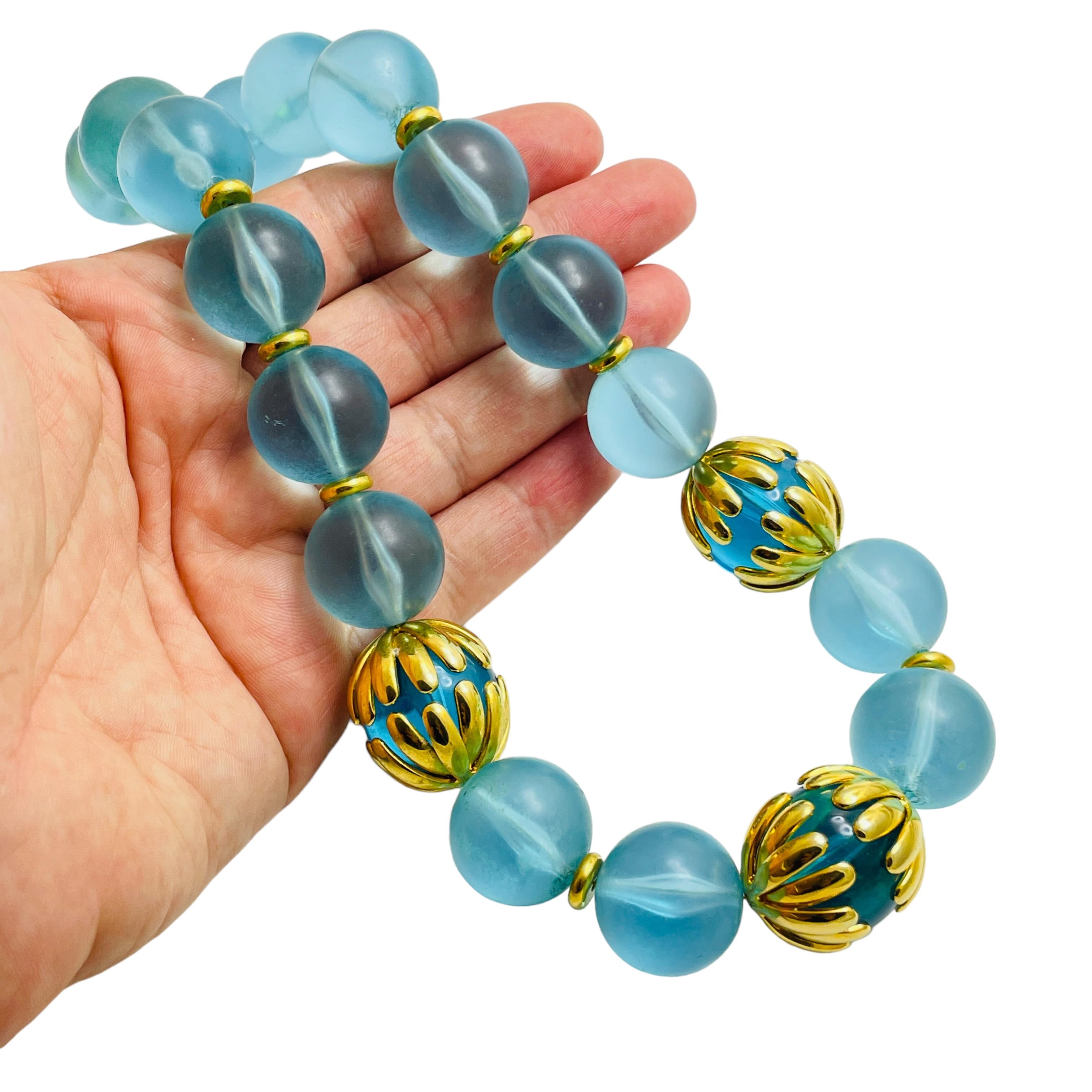 NAPIER signed gold blue lucite designer runway necklace earrings set 3