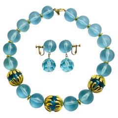 NAPIER signed gold blue lucite designer runway necklace earrings set