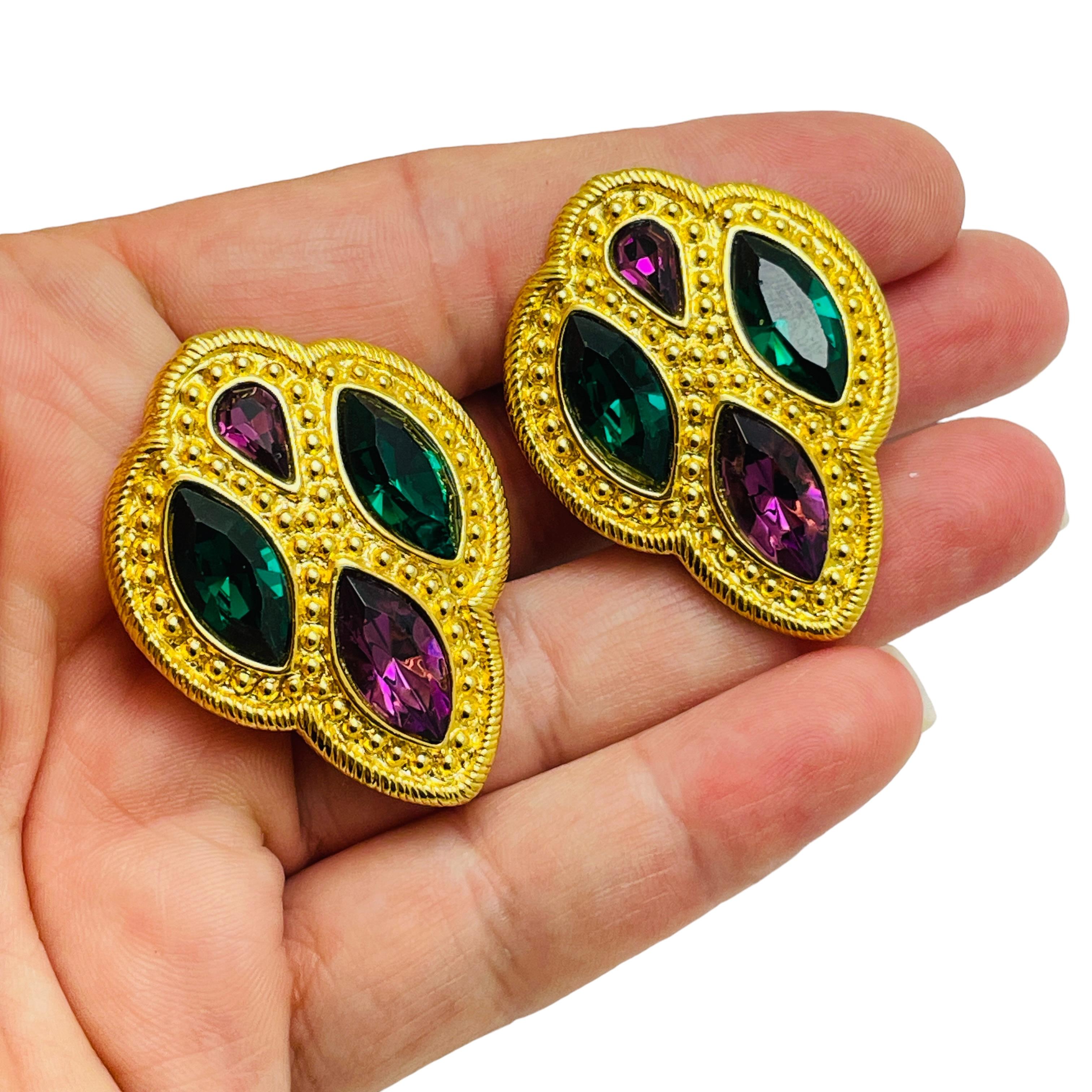 Women's NAPIER signed gold jewel etruscan glass clip on earrings For Sale