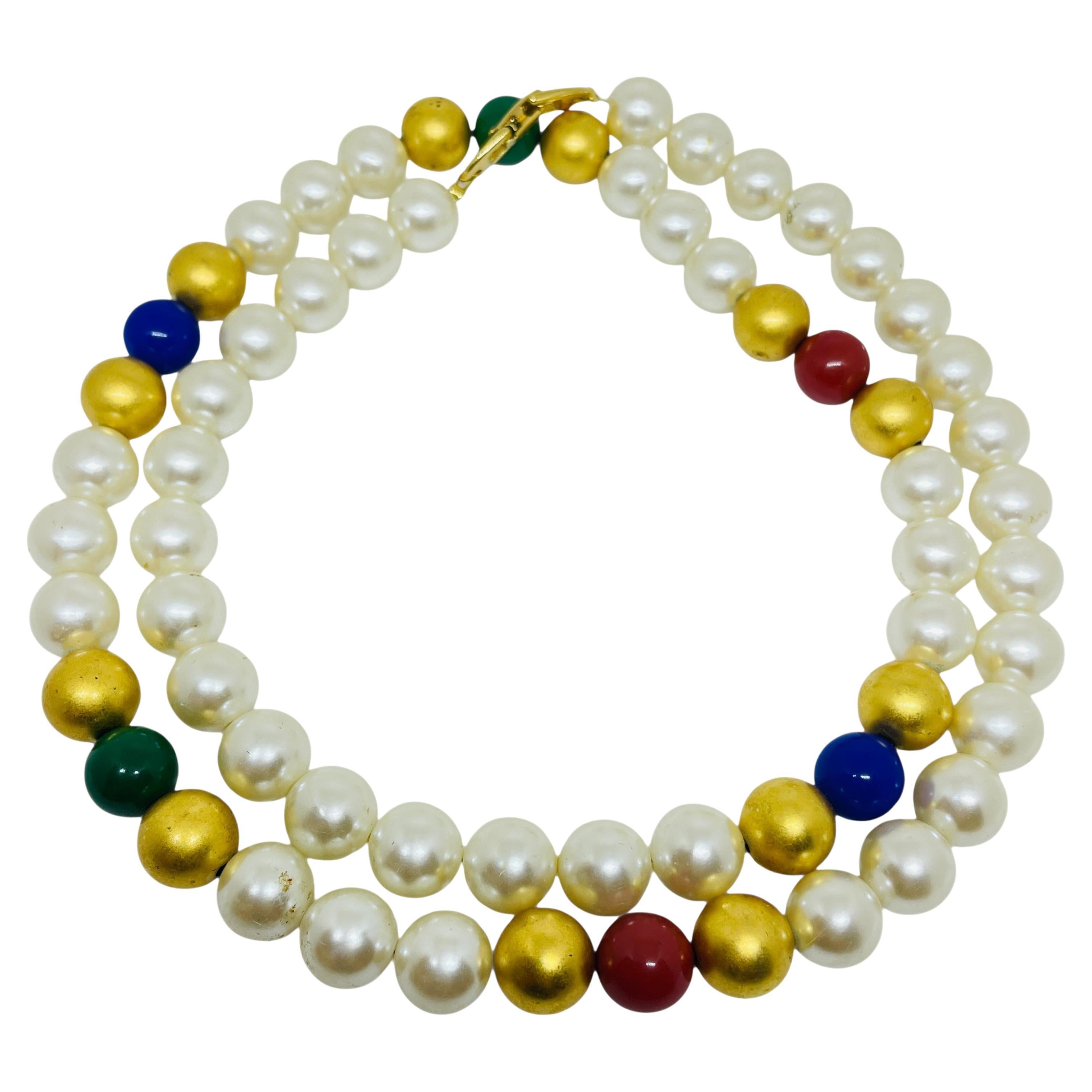 NAPIER signed vintage gold tone glass pearl beads designer necklace