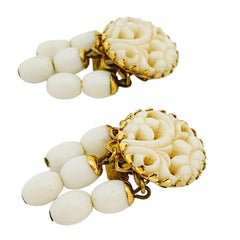 NAPIER signed vintage gold tone milk glass designer clip on earrings