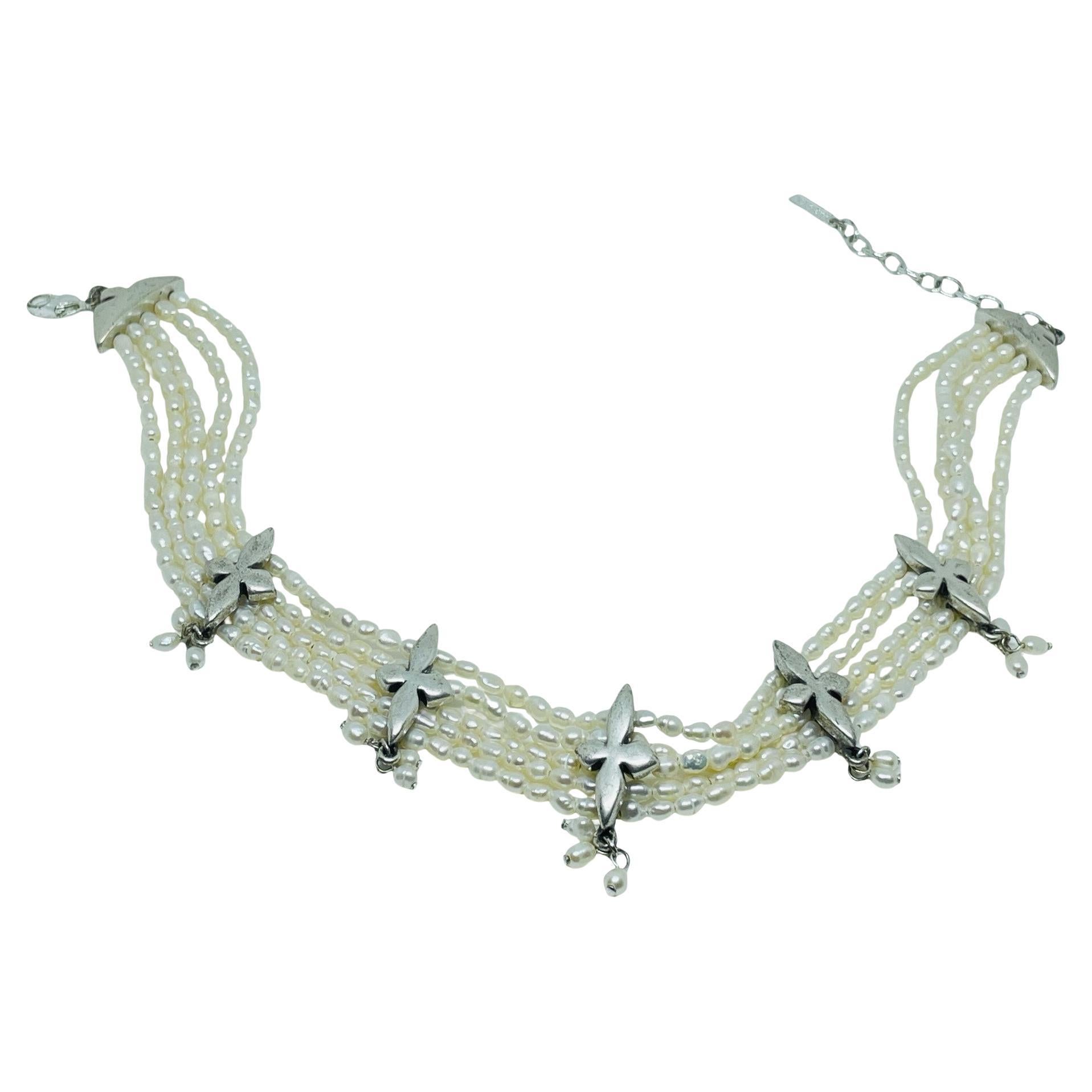 NAPIER signed vintage silver flier de lis natural beaded pearl designer necklace in vendita