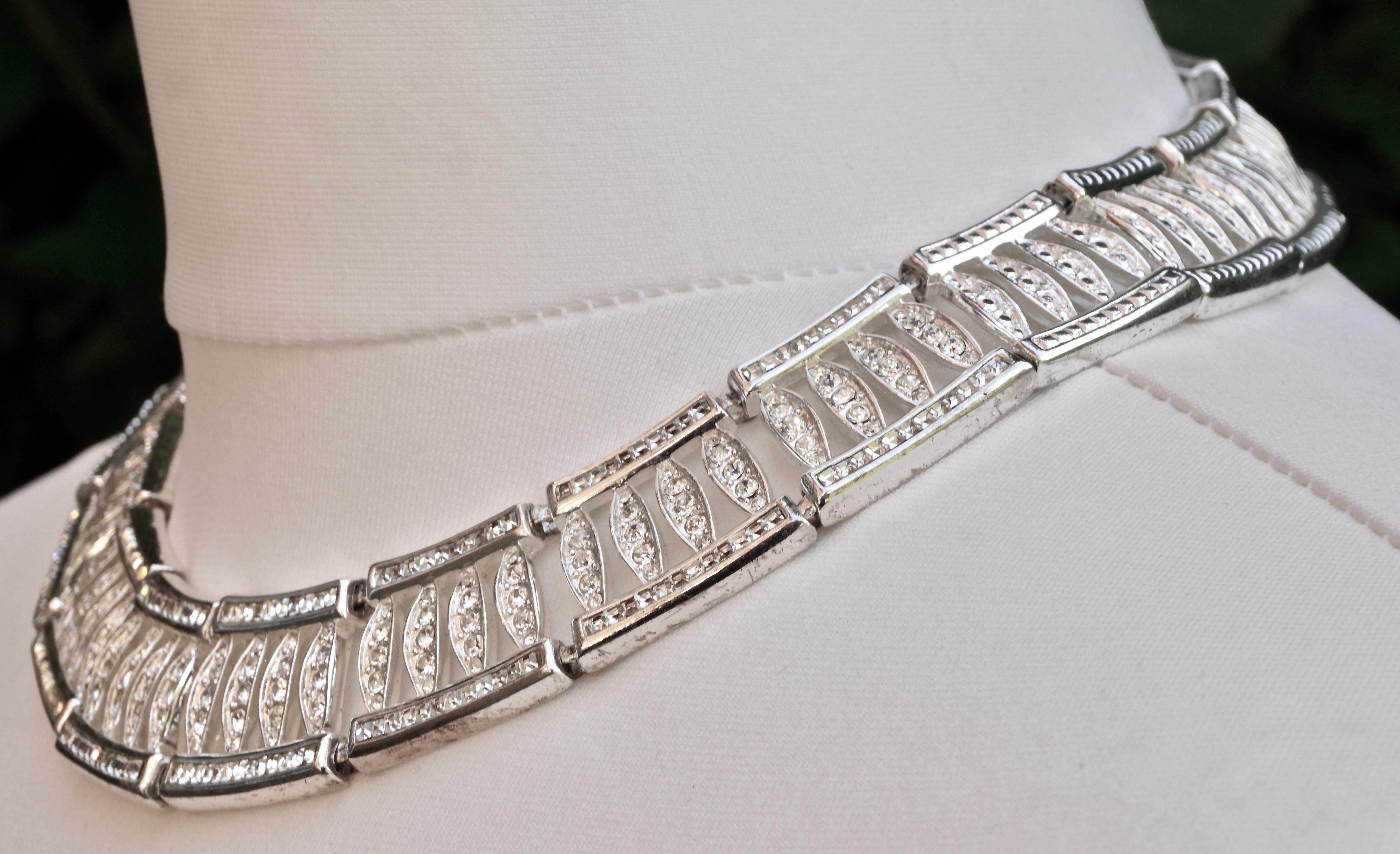 Women's or Men's Napier Silver Plated Clear Rhinestone Link Collar Necklace circa 1980s For Sale