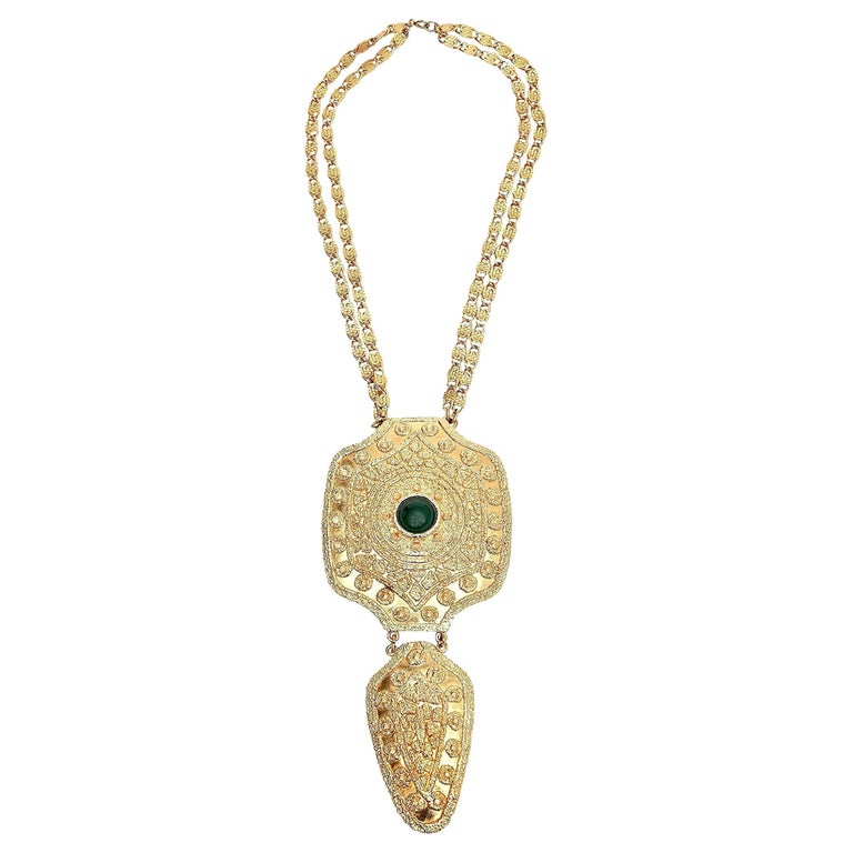 Vintage Napier Gold Plated Sculptural Necklace With Green Glass 