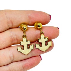 NAPIER vintage gold tone enamel nautical anchor dangle pierced earrings