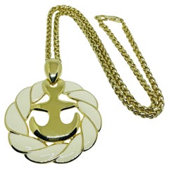 NAPIER Vintage gold tone enamel nautical anchor massive pendant chain necklace