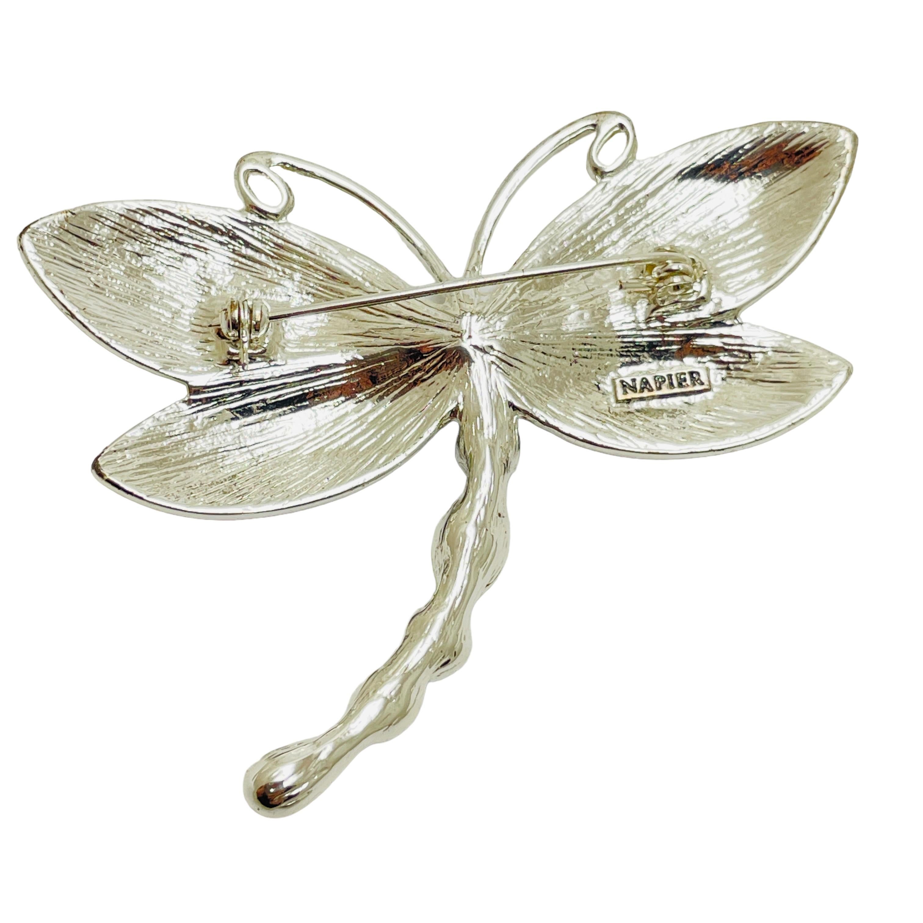 NAPIER vintage silver enamel rhinestone dragonfly brooch In Good Condition For Sale In Palos Hills, IL