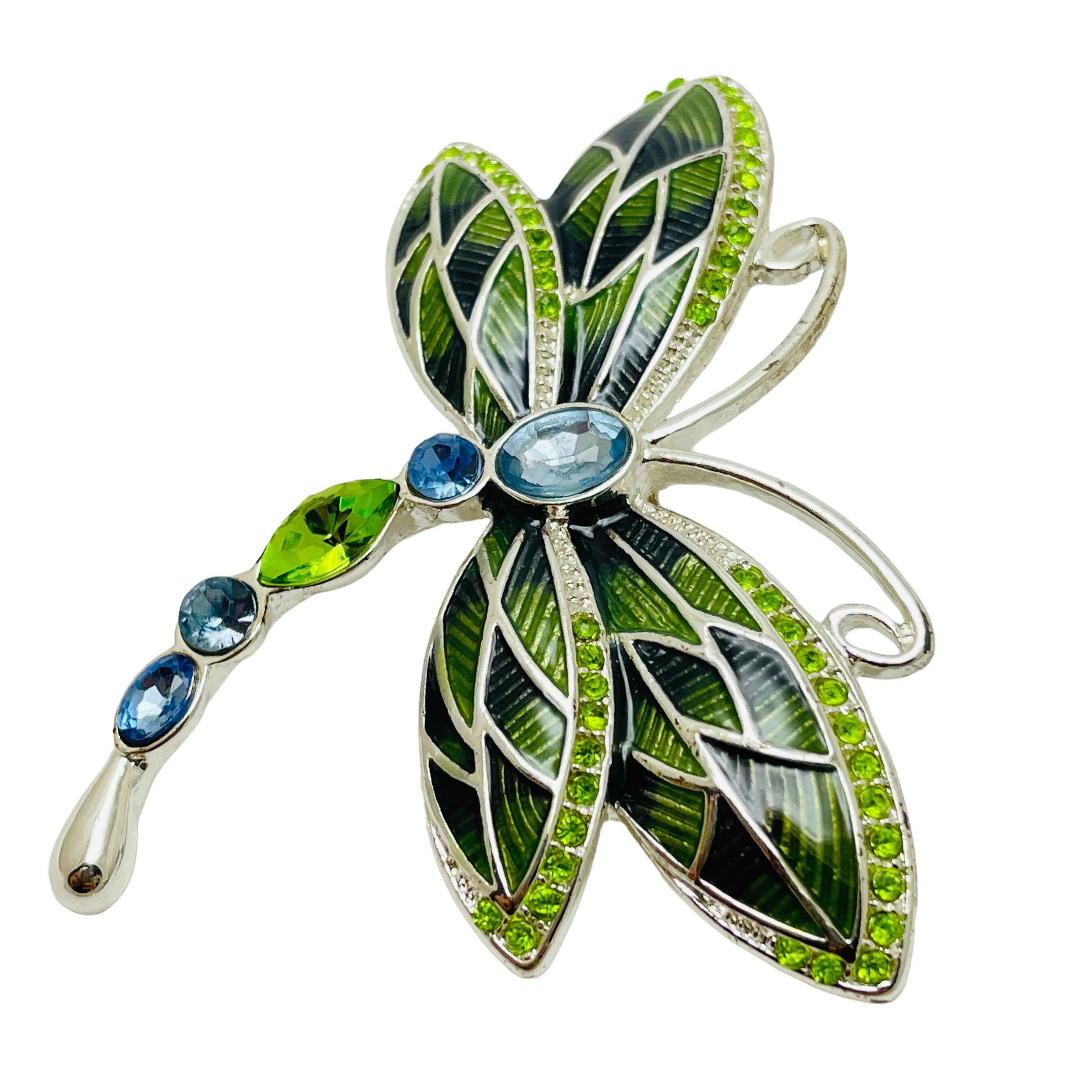 Women's or Men's NAPIER vintage silver enamel rhinestone dragonfly brooch For Sale