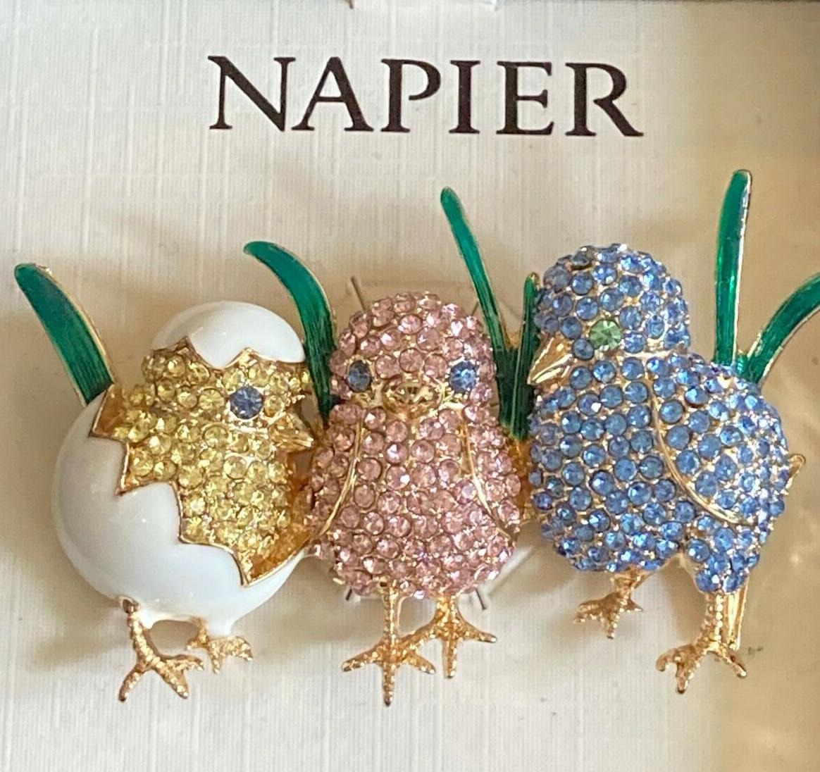 Contemporary Napier Yellow Pink and Blue Bird Chicks Cracked Egg Pin Brooch Estate Find