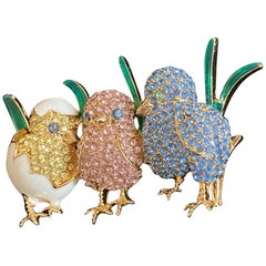 Napier Yellow Pink and Blue Crystal Enamel Bird Chicks Cracked Egg Brooch Pin