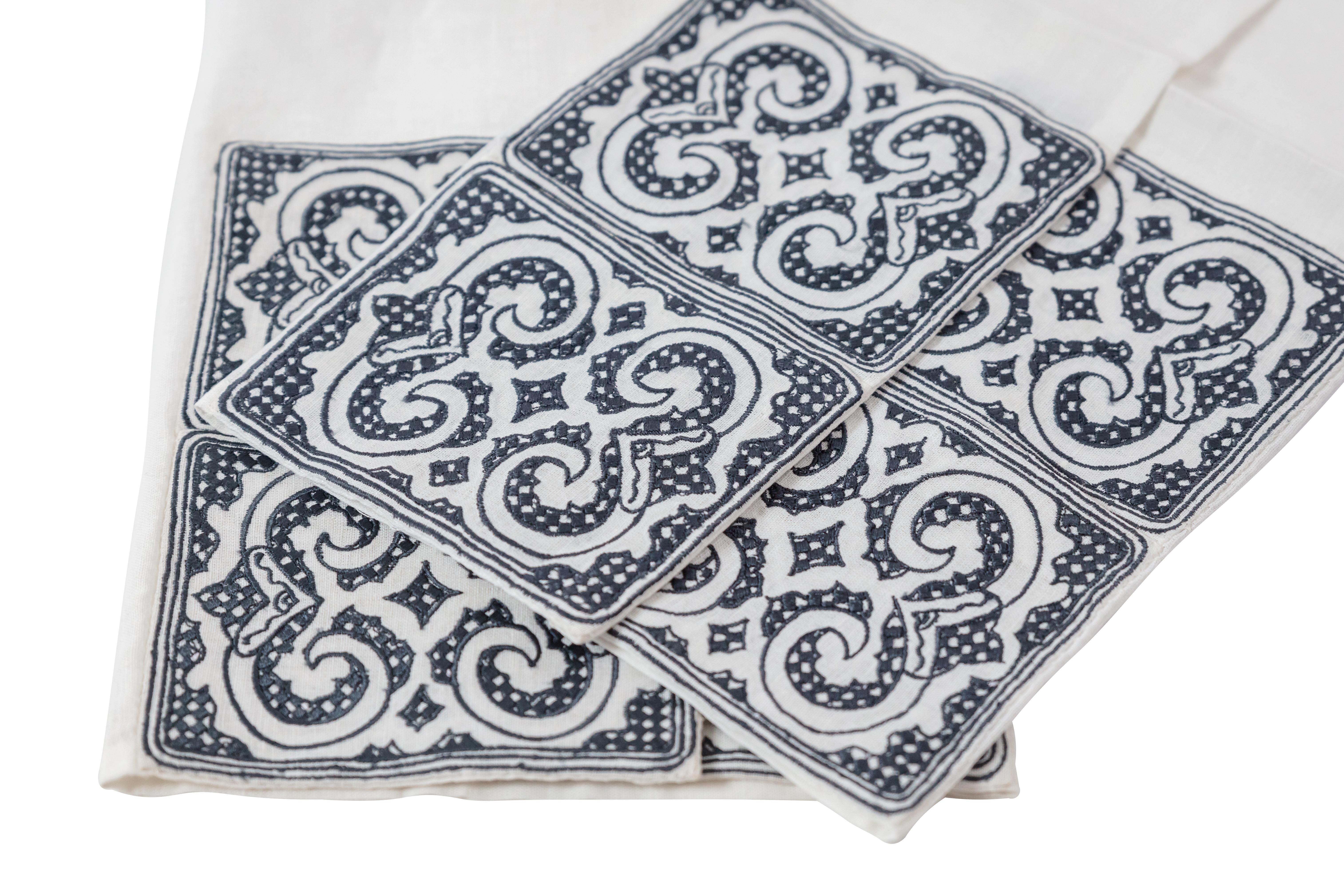 Japanese Hand embroidered linen napkins from the SoShiro Ainu collection For Sale