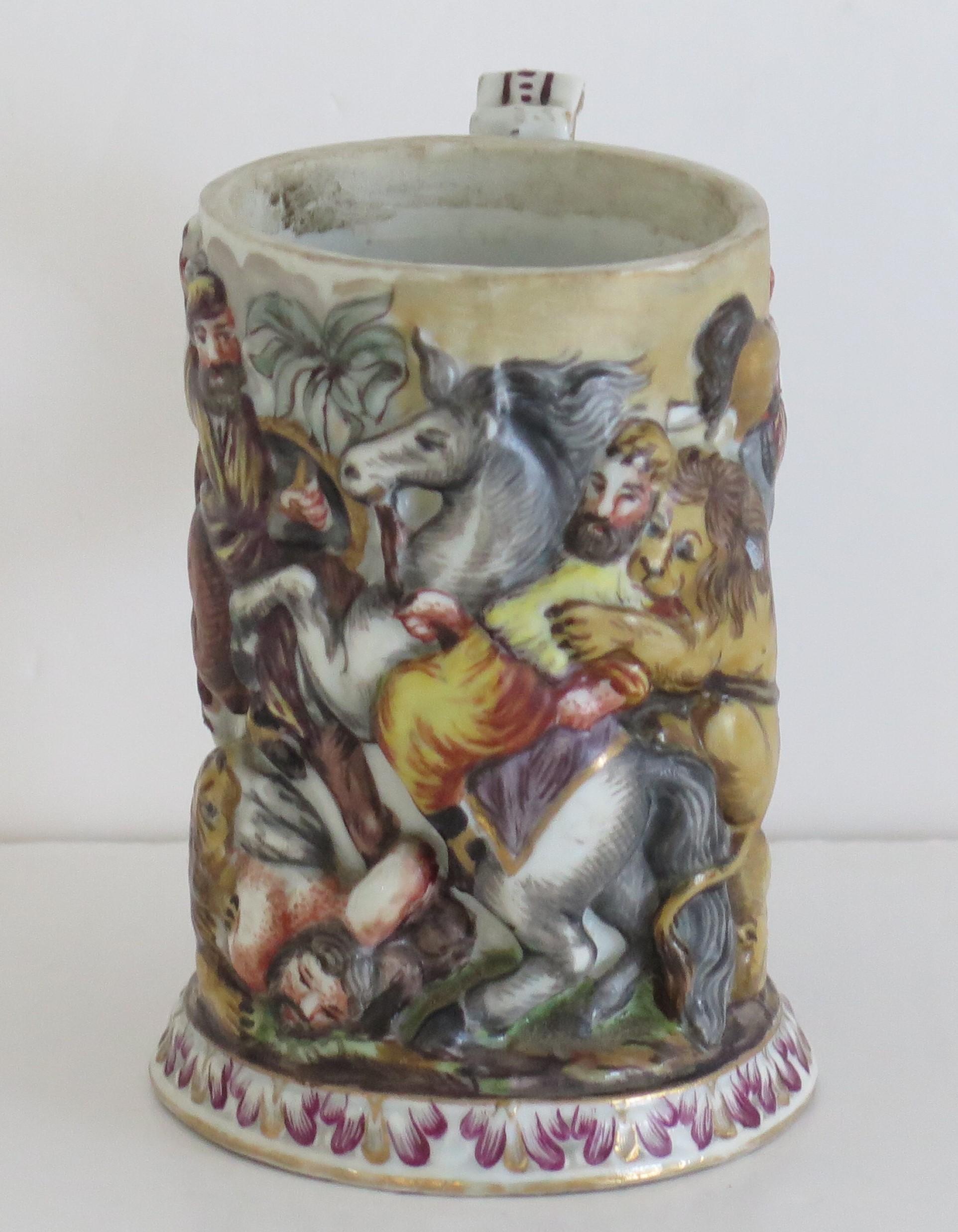 Hand-Crafted Naples Capodimonte Porcelain Lidded Tankard,  Italian Early 19th Century For Sale