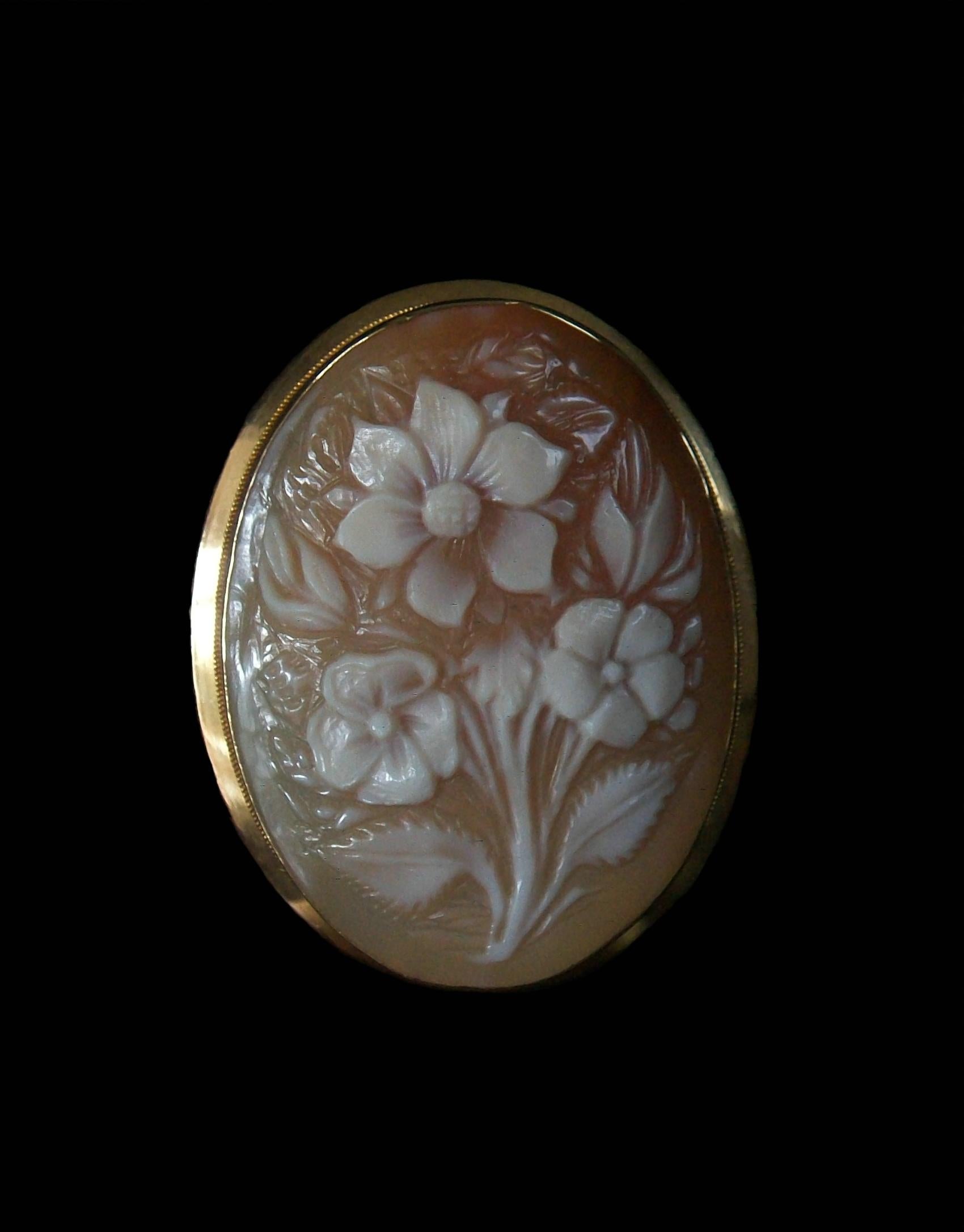 Women's Naples Floral Shell Cameo Pendant/Brooch - 18K Gold Frame - Italy - Circa 1950's For Sale