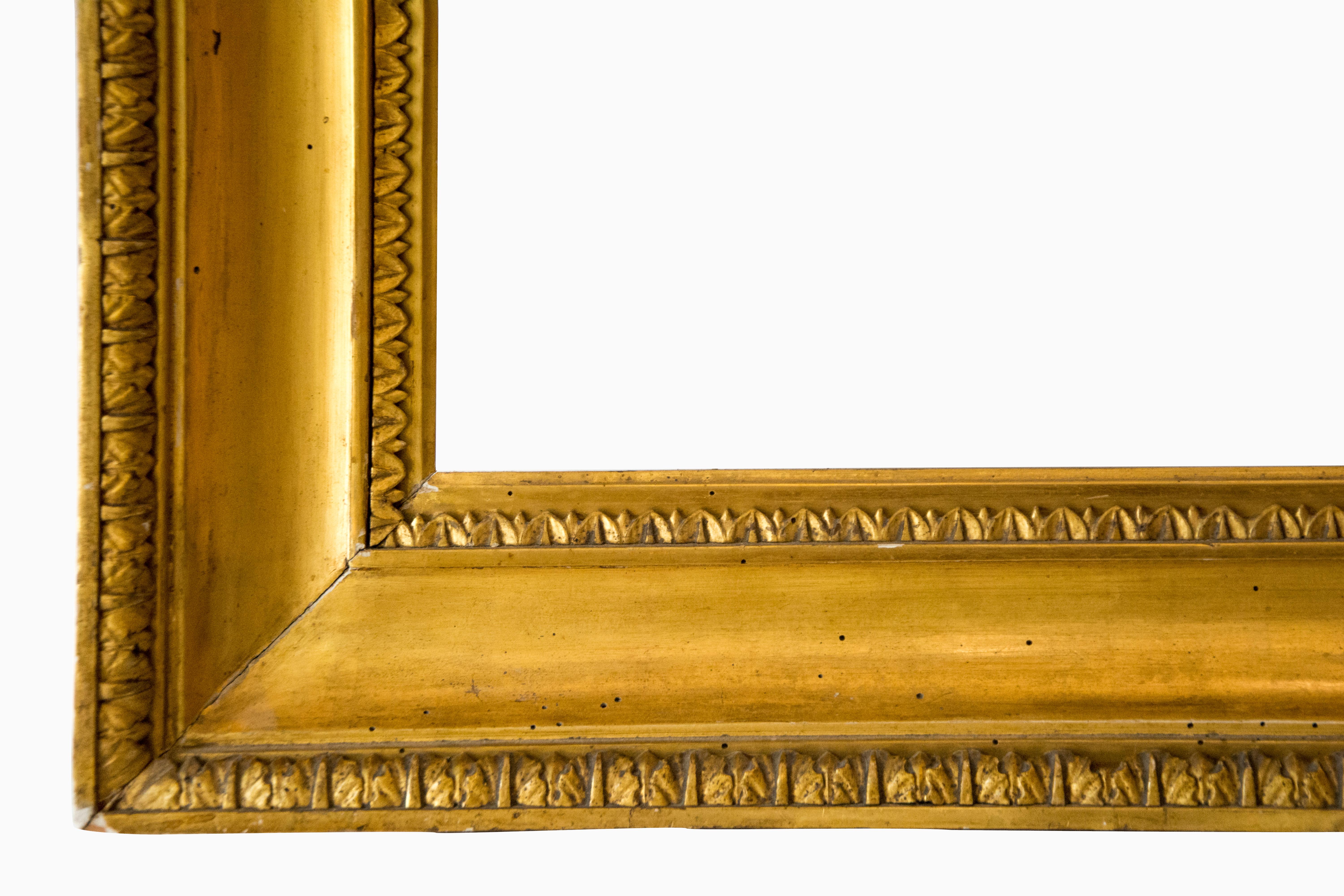 Naples frame, end of 18th century

Sculpted and golden wooden frame decorated with lanceolate leaves and ribbed leaves. Shell shape.
Inside: 102 x 77 cm; outside: 126.5 x 100.3 cm.
Depth is the wide of the band.
 