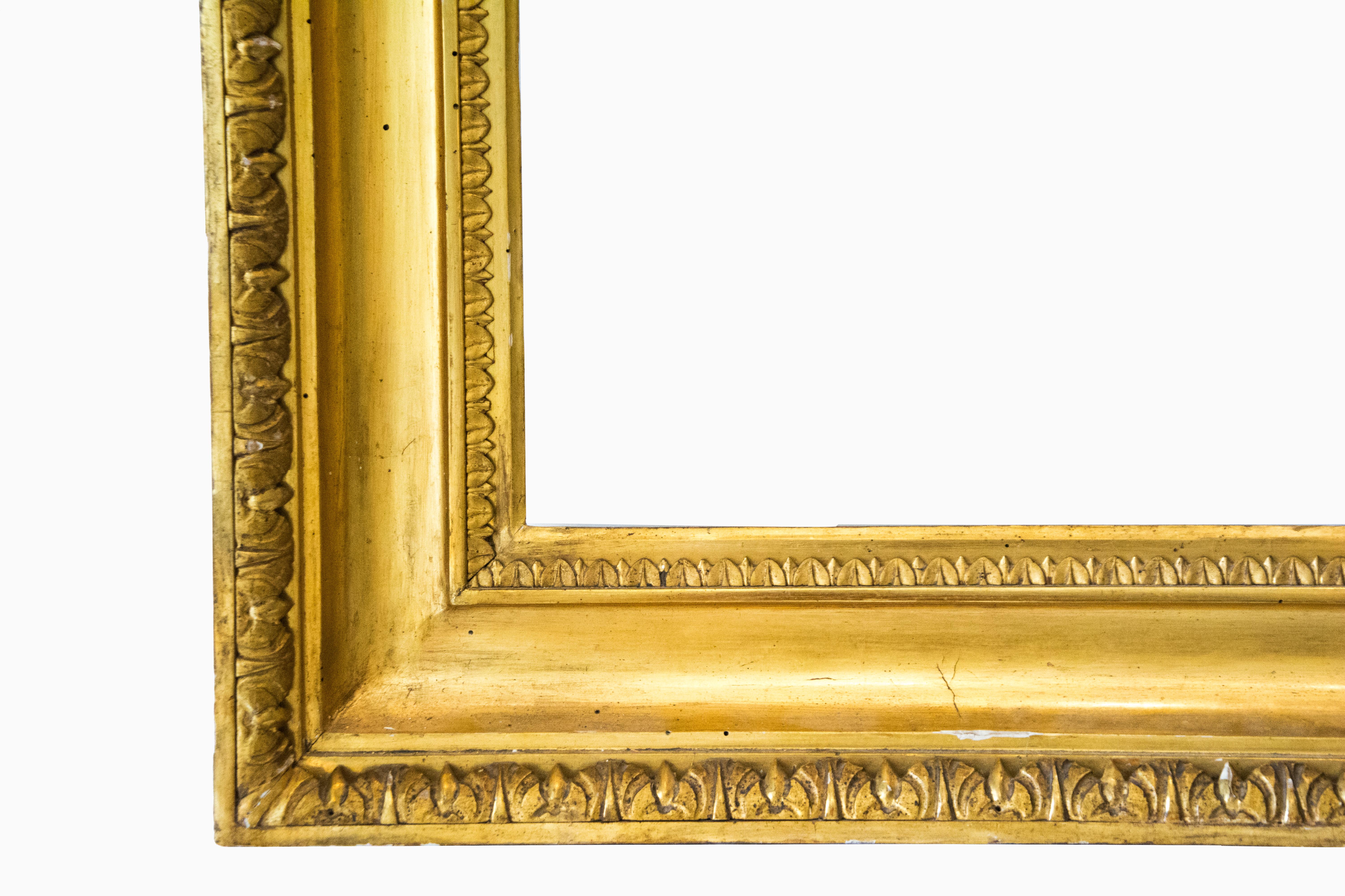 Naples frame, end of 18th century

Sculpted and gilded shell-shape frame with leaves motives.

Inside: 108 x 82 cm; outisde: 129.7 x 103.5 cm
Depth is the wide of the band.
      