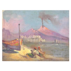 Antique Naples Scene, Erupting Mount Vesuvius with Sun Bathers