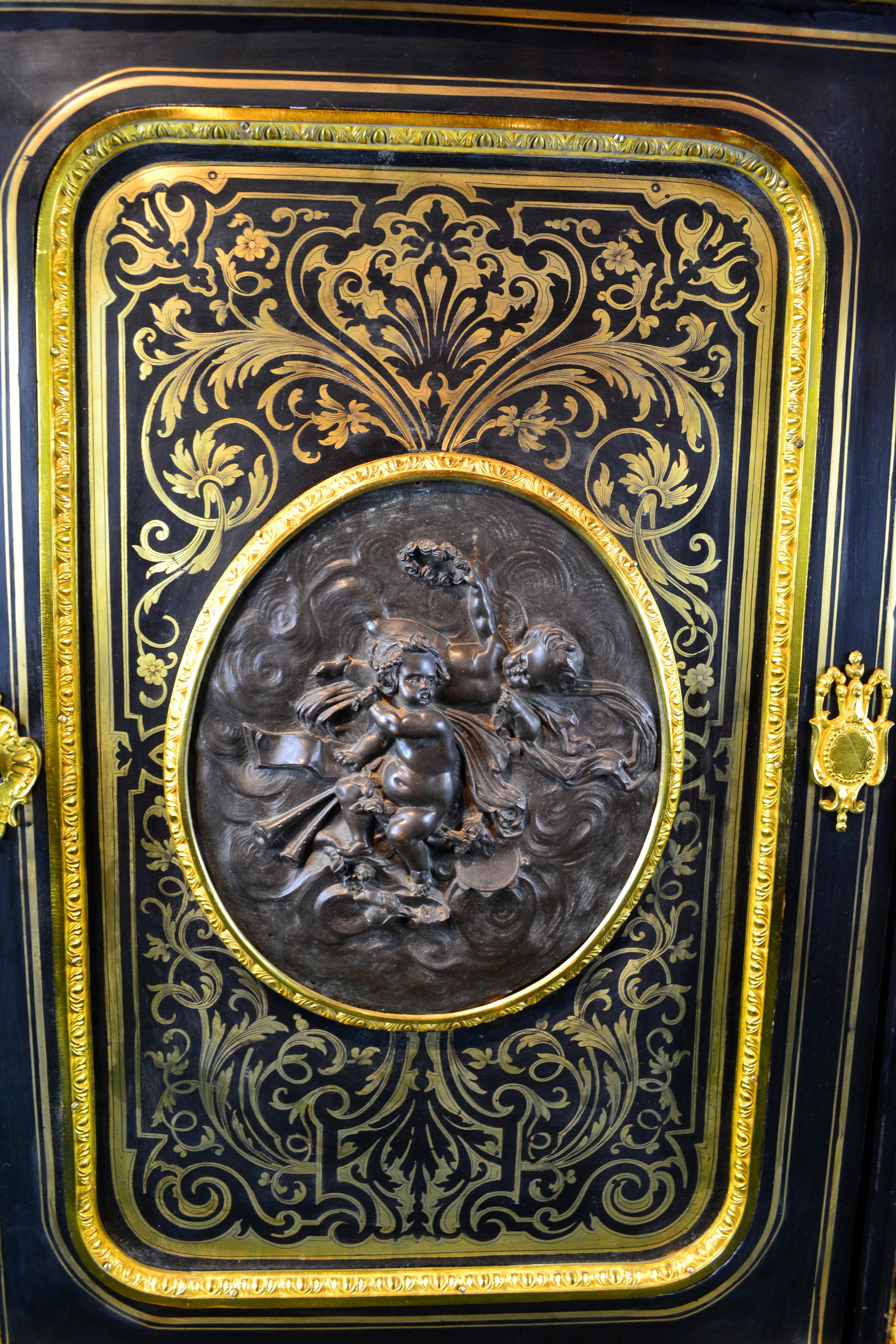 Napoiean III Brass Inlaid Gilt Bronze Mounted Ebonized Wood Cabinet 5