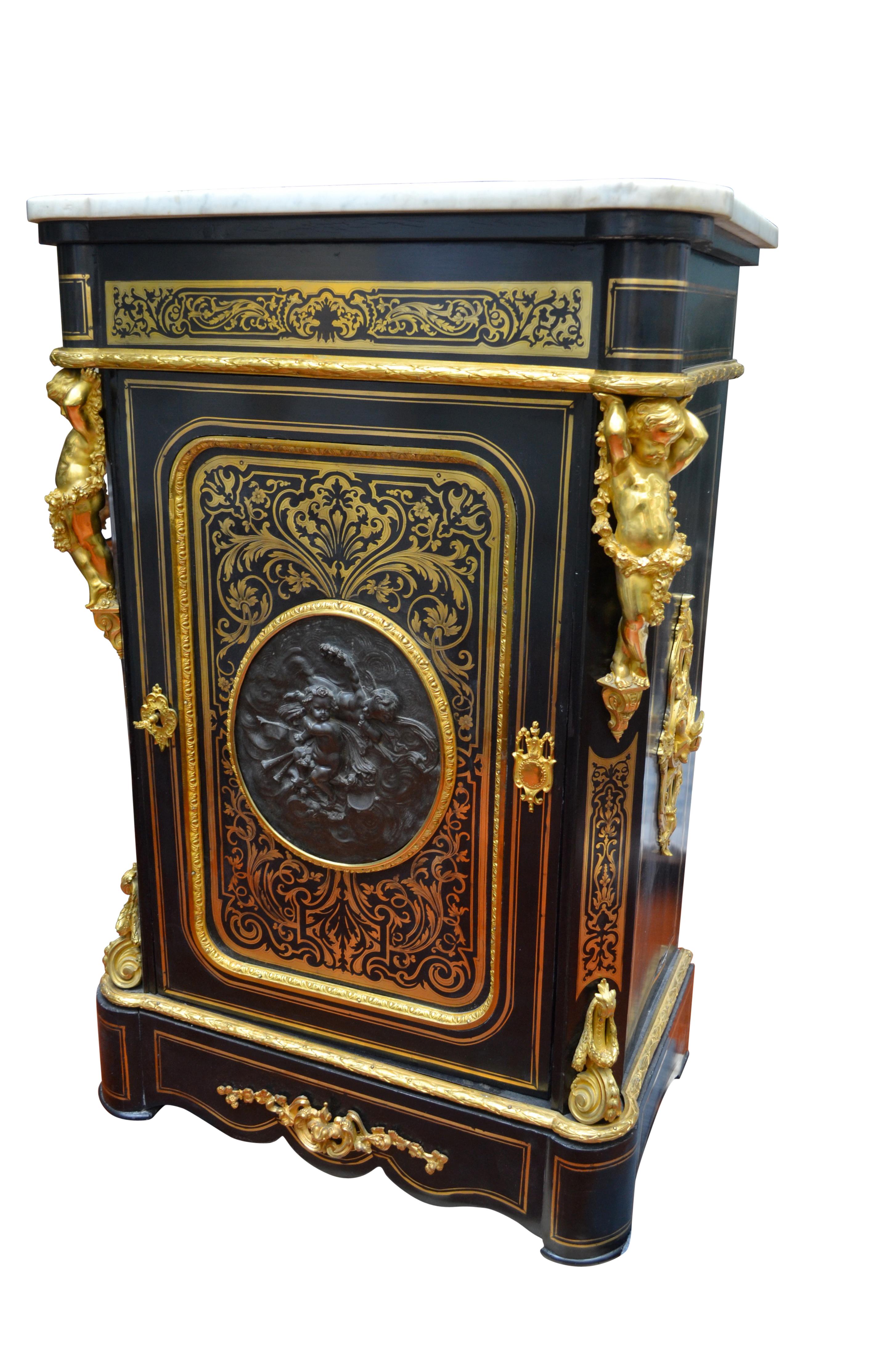 Napoleon III Napoiean III Brass Inlaid Gilt Bronze Mounted Ebonized Wood Cabinet
