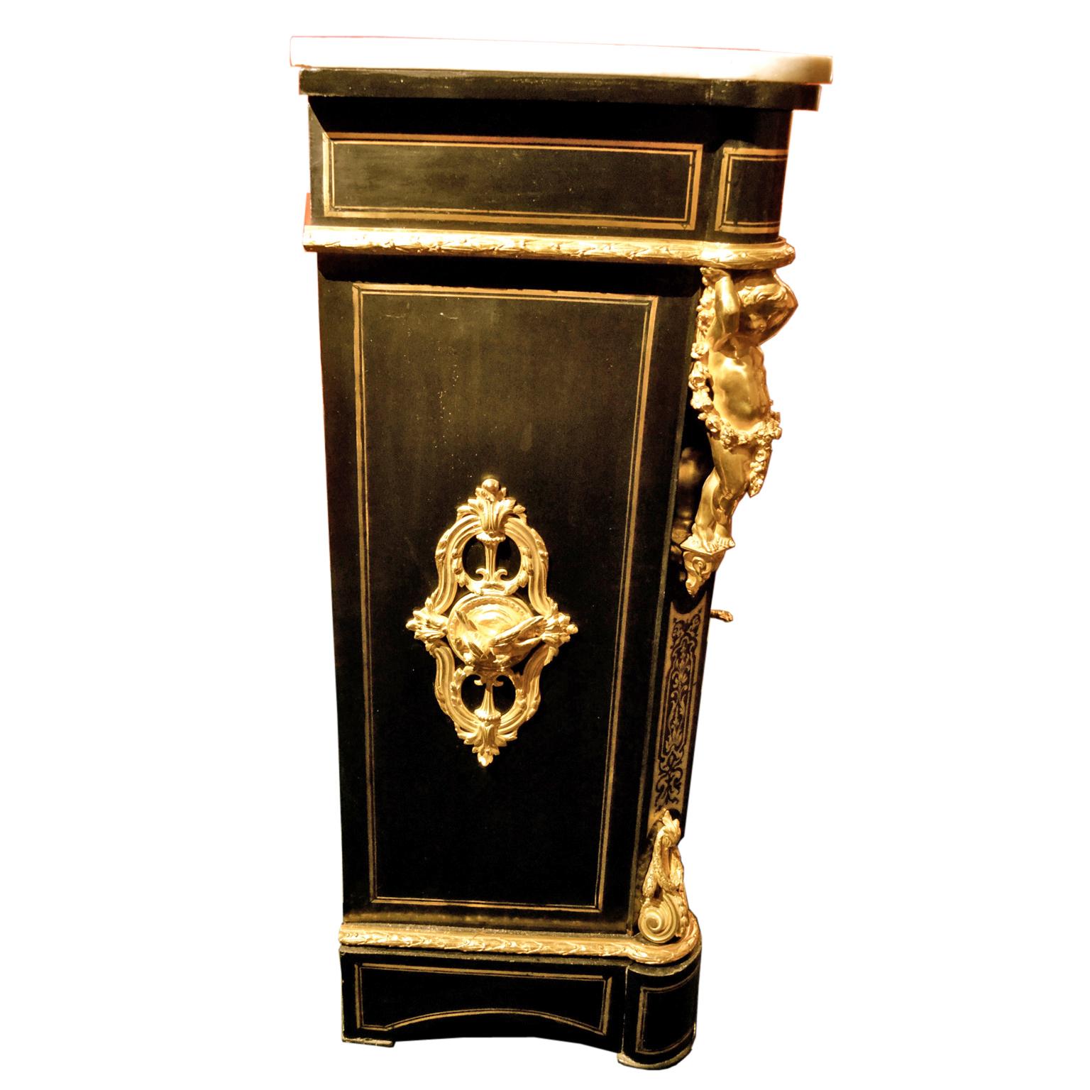 French Napoiean III Brass Inlaid Gilt Bronze Mounted Ebonized Wood Cabinet