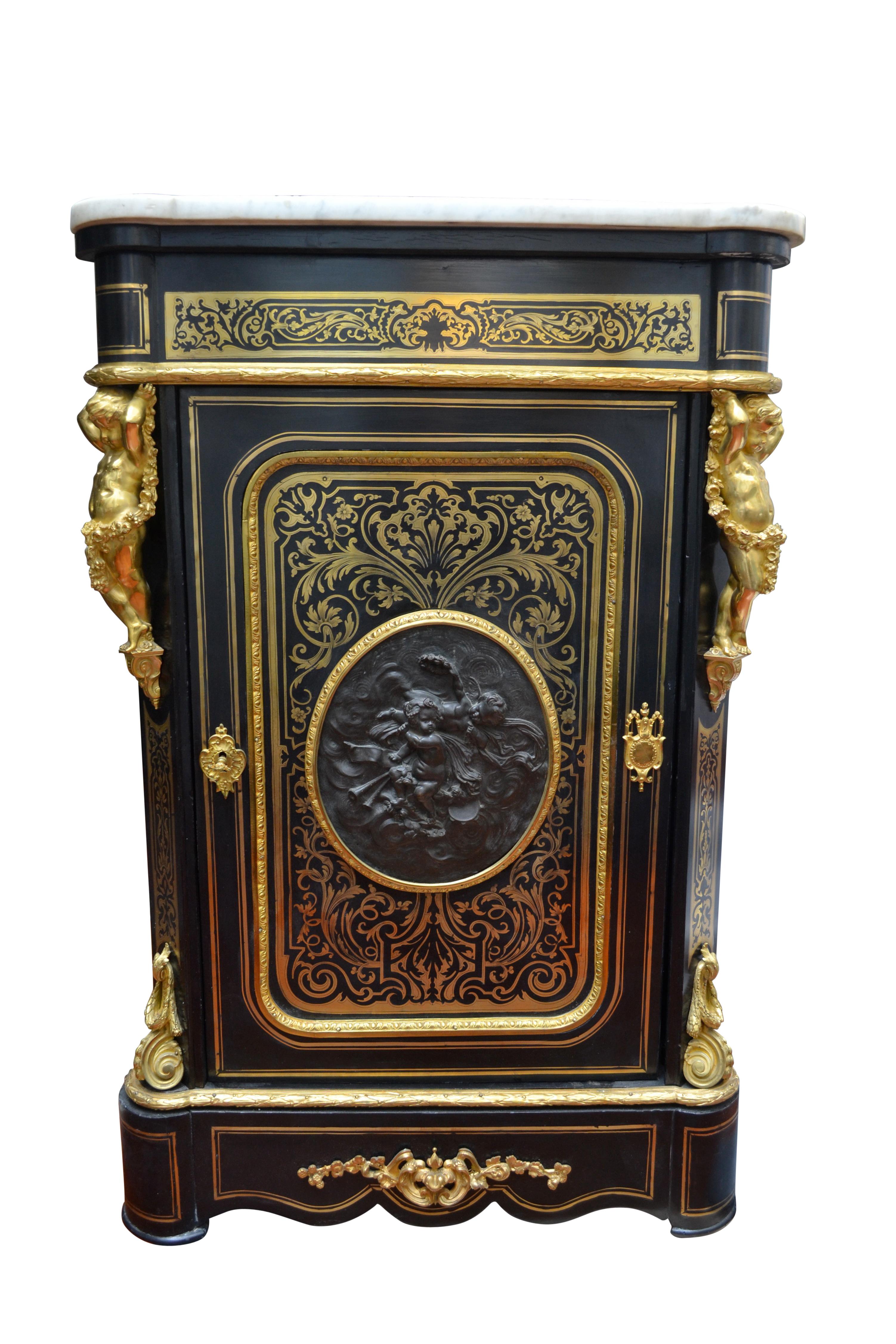 Napoiean III Brass Inlaid Gilt Bronze Mounted Ebonized Wood Cabinet In Good Condition In Vancouver, British Columbia