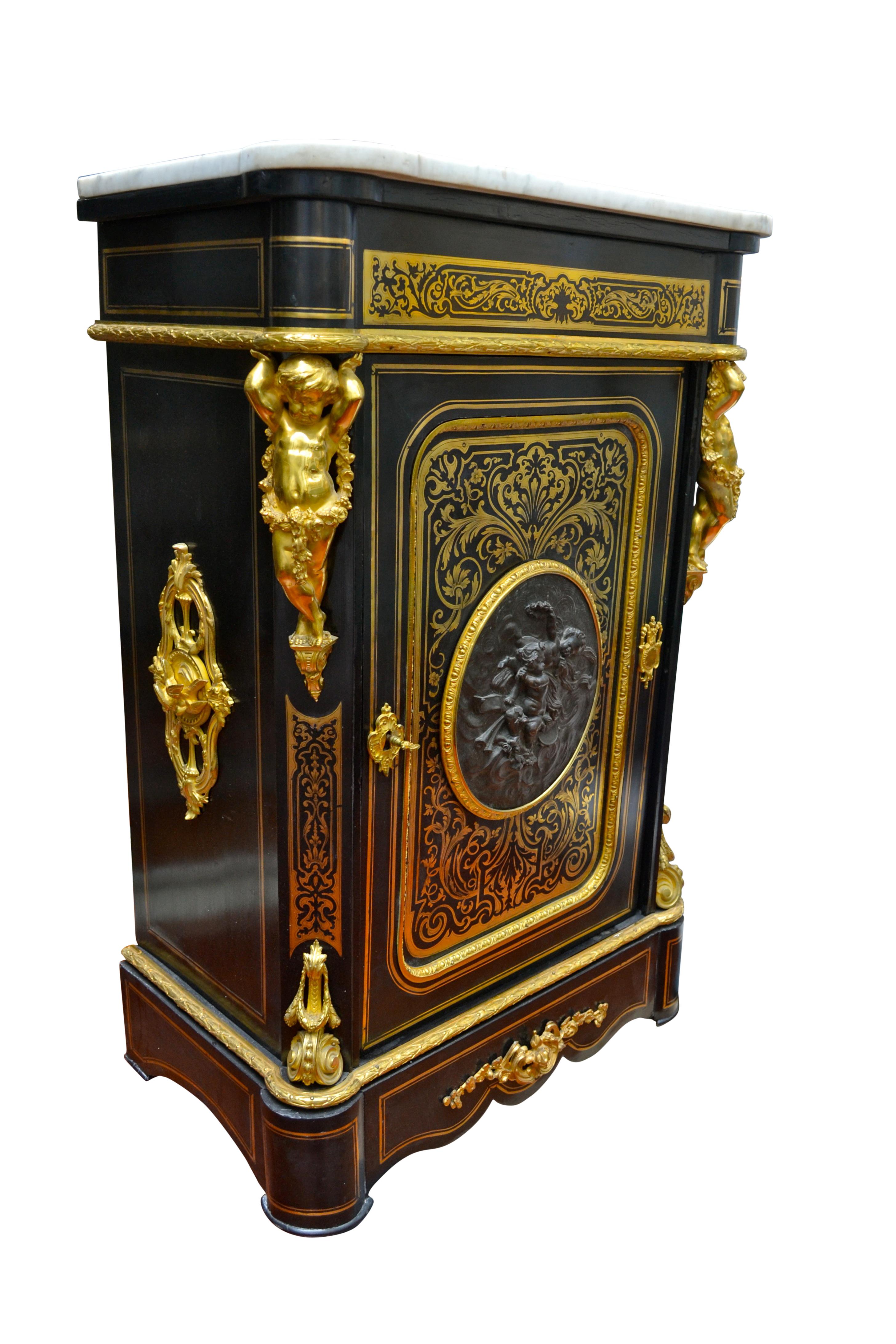 Mid-19th Century Napoiean III Brass Inlaid Gilt Bronze Mounted Ebonized Wood Cabinet
