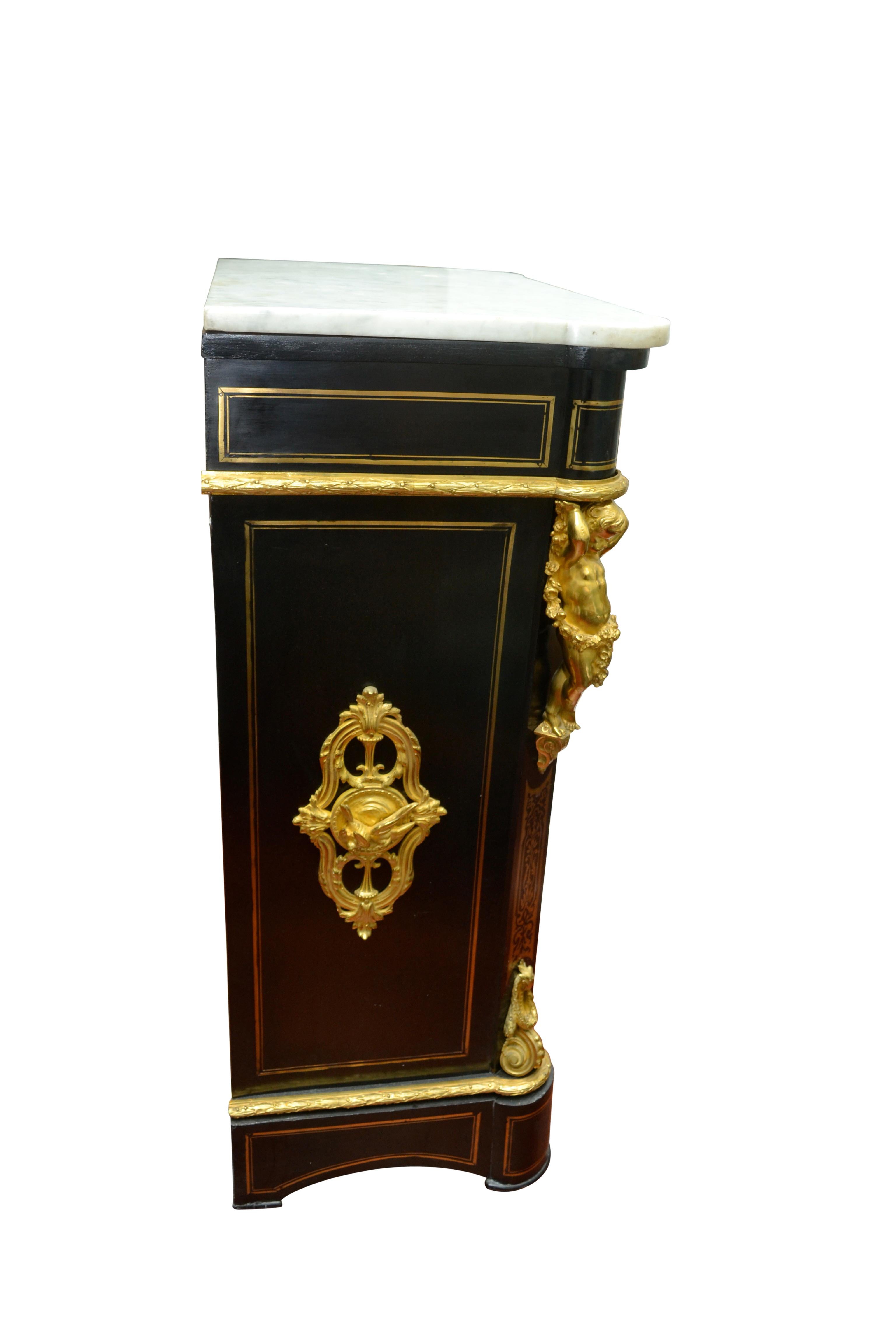 Napoiean III Brass Inlaid Gilt Bronze Mounted Ebonized Wood Cabinet 1