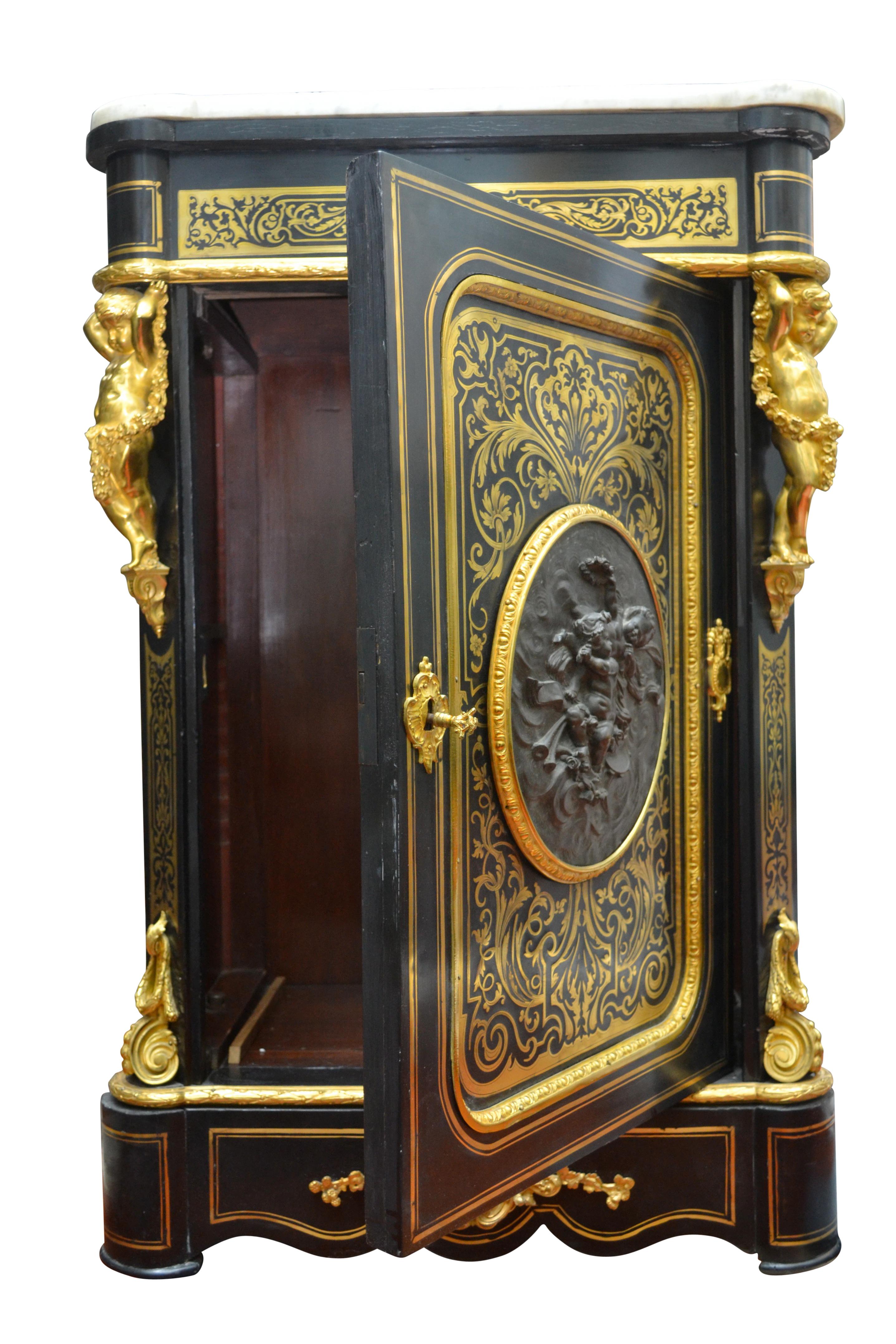 Napoiean III Brass Inlaid Gilt Bronze Mounted Ebonized Wood Cabinet 2