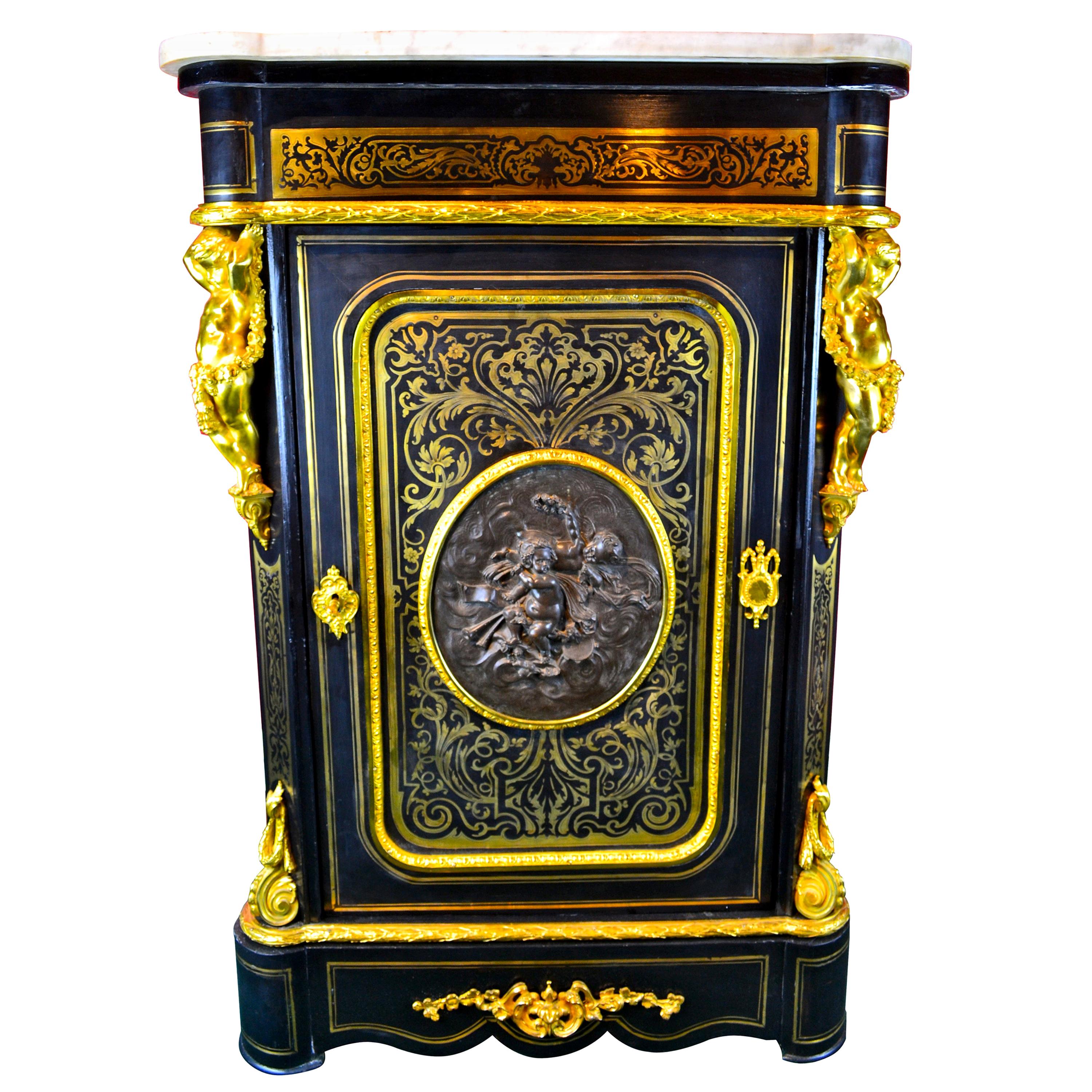 Napoiean III Brass Inlaid Gilt Bronze Mounted Ebonized Wood Cabinet