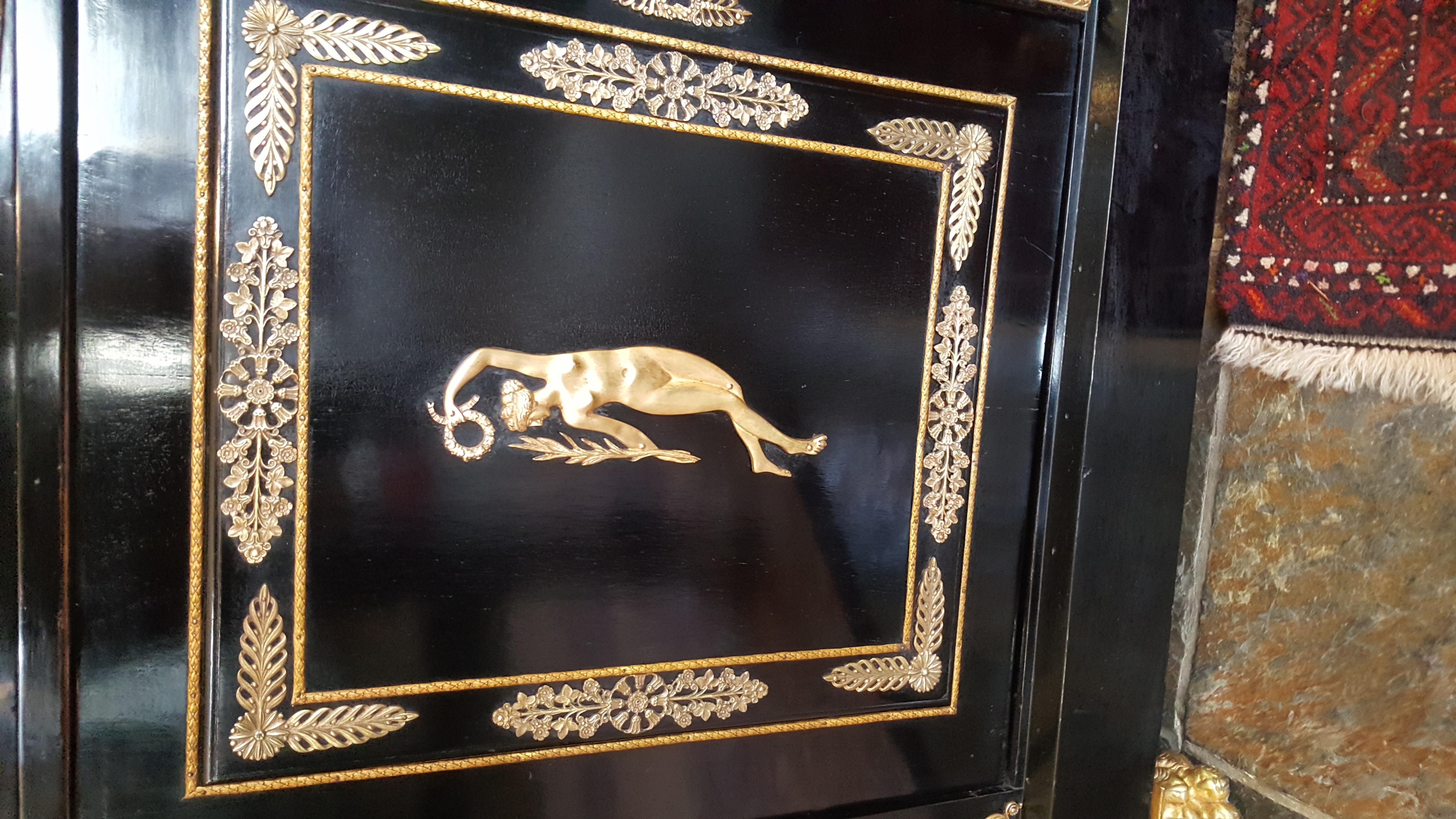 Napolean III Ebonised Commode Cabinet with Marble Top, Fine Ormalu Mounts of Greek Nature on Gilt Lion Paw Feet